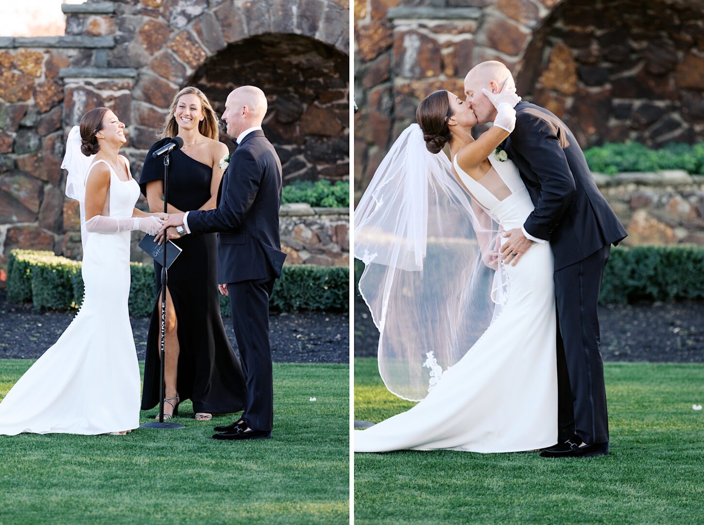 A couple in wedding attire stands before an officiant at The Tilling House wedding. They exchange vows and kiss in front of a stone backdrop on the grassy grounds.