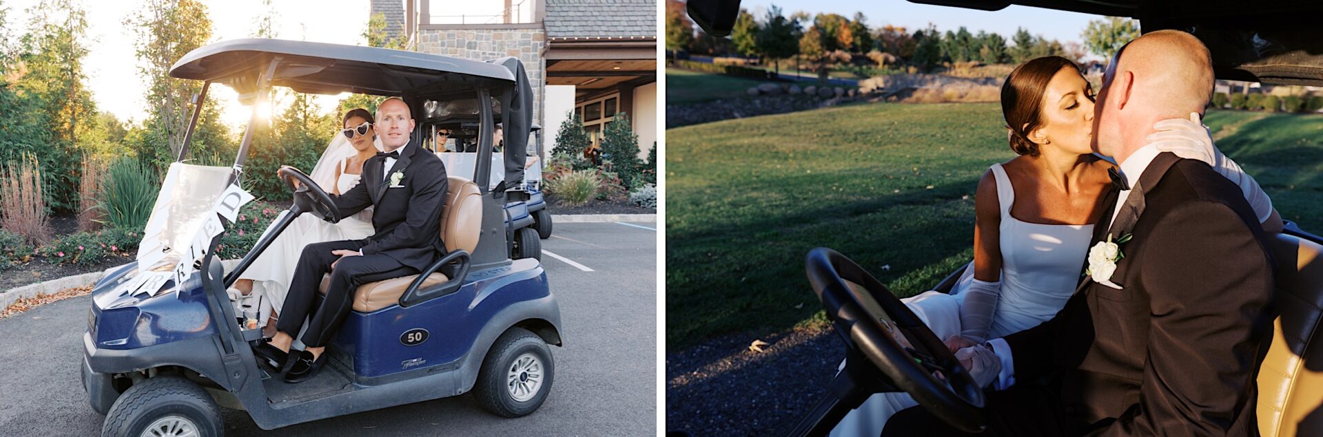 At The Tilling House wedding, the bride and groom sit joyfully in a golf cart, smiling in one image and sharing a tender kiss in another on their special day.