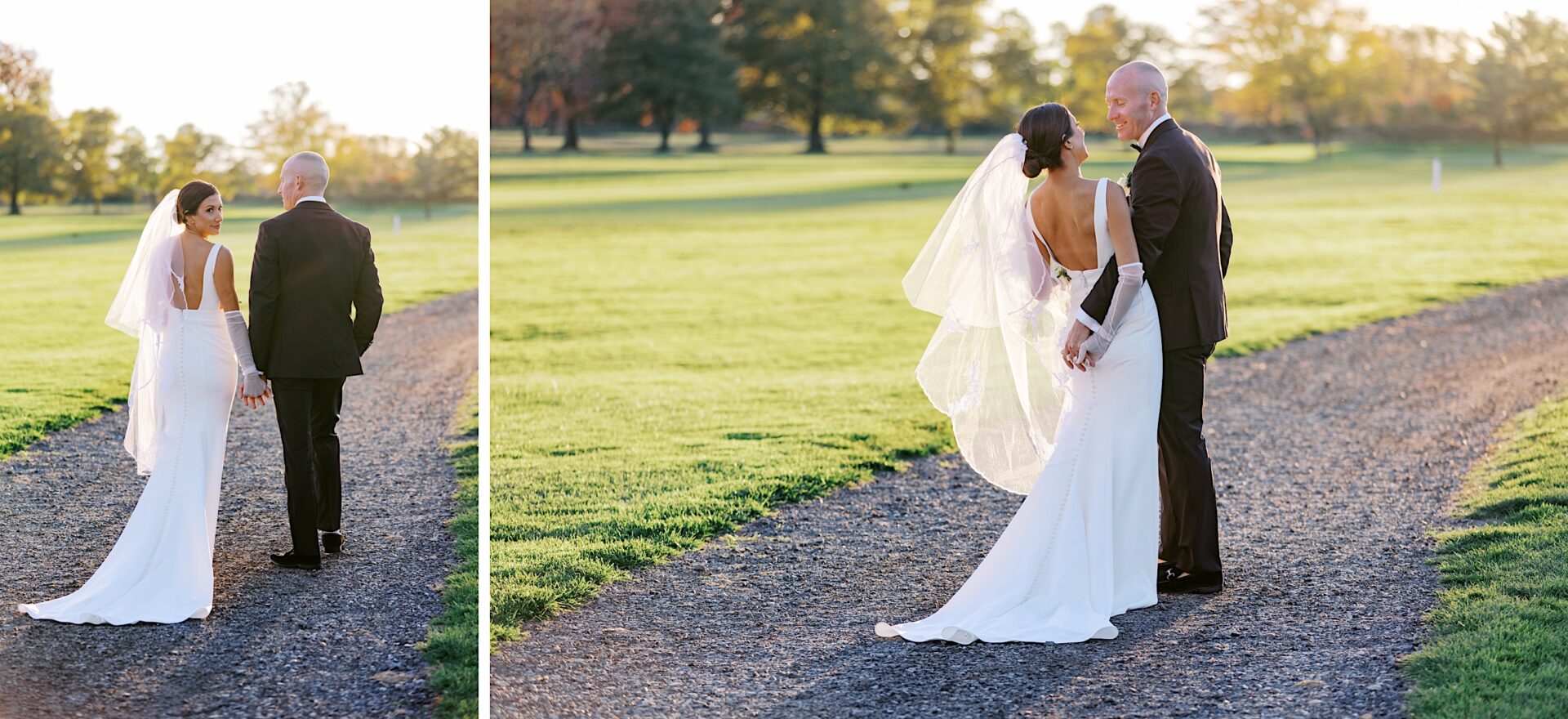 The bride and groom, having just celebrated their Tilling House wedding, walk hand in hand on a gravel path through a sunny park, with trees and grass creating the perfect romantic backdrop.