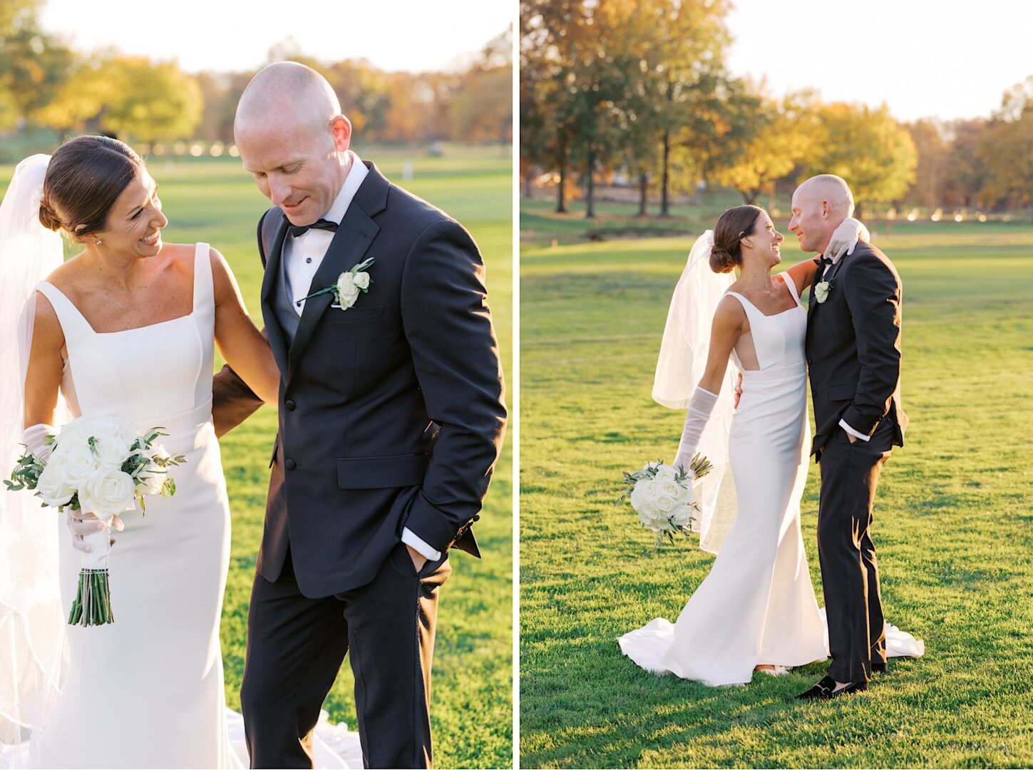 The bride and groom stand in a grassy field at The Tilling House wedding, smiling at each other in their formal attire. The bride clutches a bouquet of white flowers, perfectly capturing the elegance of the day.