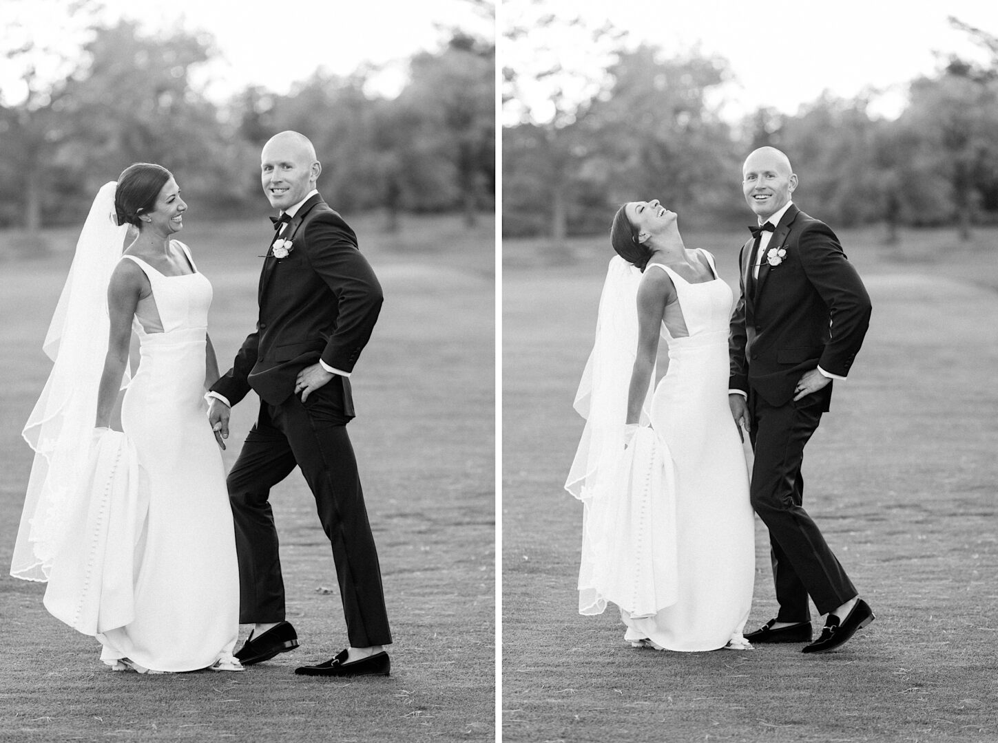 A bride and groom in formal attire smile and pose playfully outdoors on a grassy area with trees in the background, capturing the essence of a The Tilling House wedding.