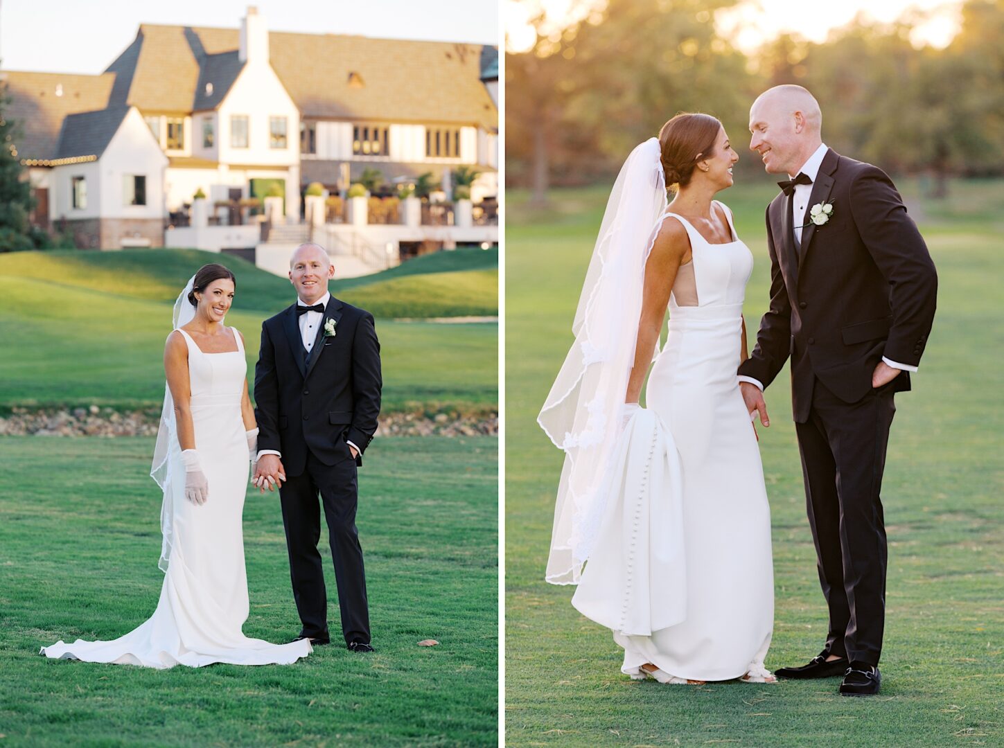 A bride and groom in wedding attire stand and smile on a grassy field, with The Tilling House elegantly framing the background.