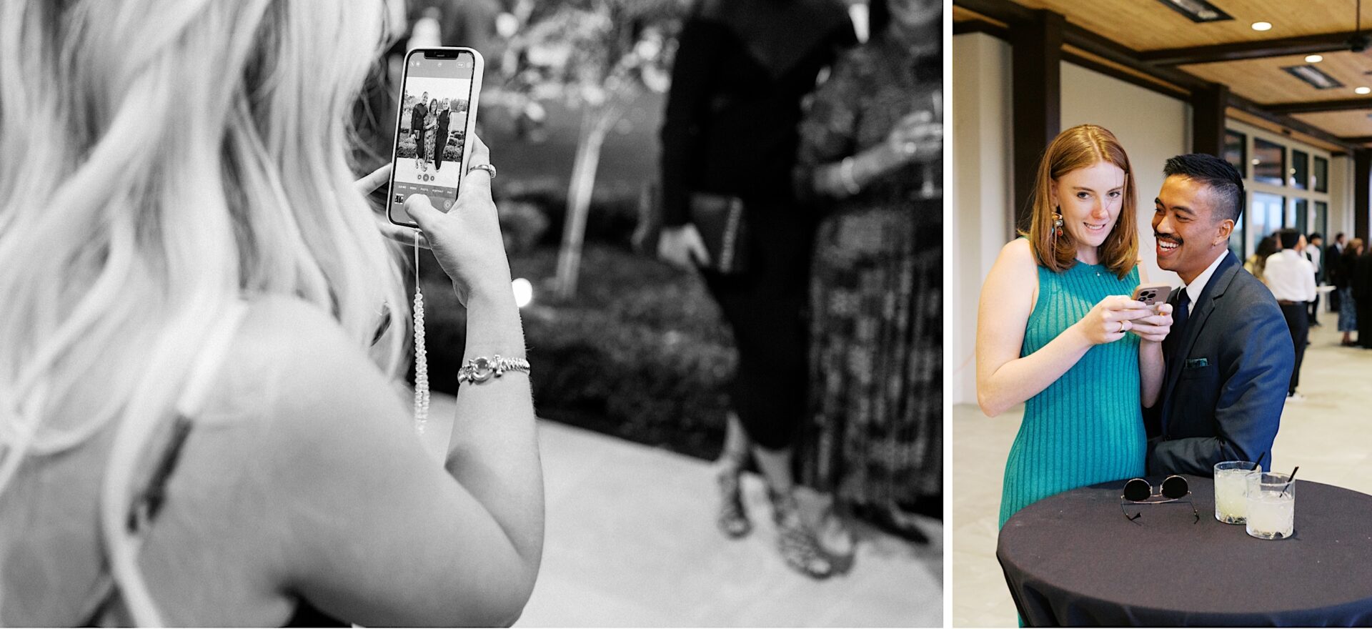 At The Tilling House wedding, a person captures a black and white photo. Nearby, two people are smiling at a phone while a drink with a straw sits on the table beside them.