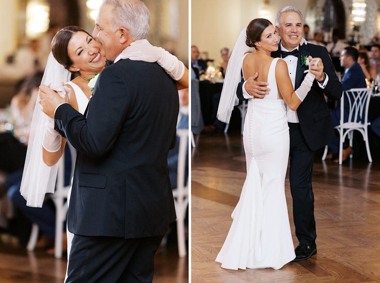 At The Tilling House wedding, a bride in a white dress gracefully dances with an older man in a suit and bow tie, adding elegance to the formal event.