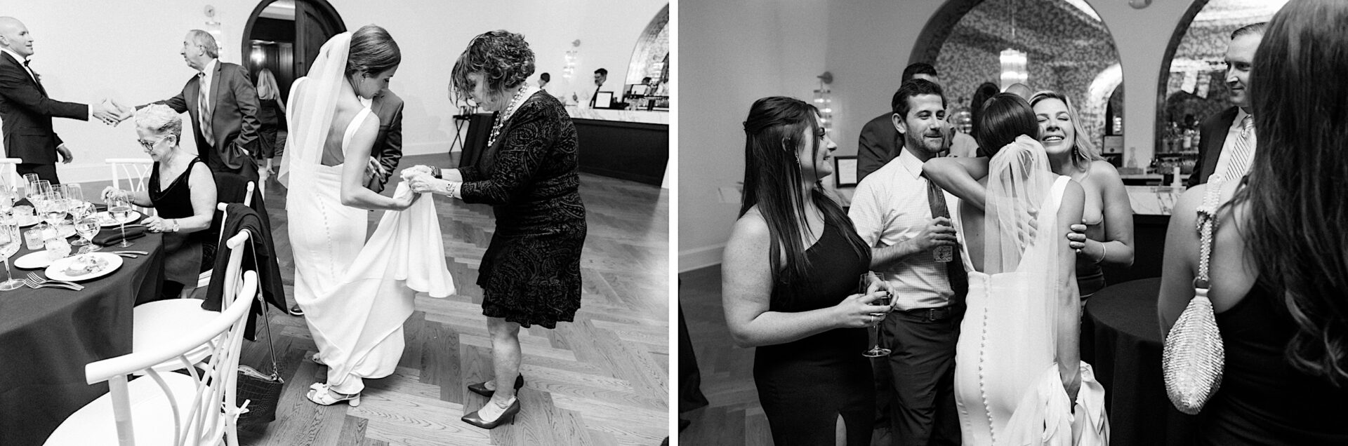 Two black and white images from The Tilling House wedding capture a bride at her reception. On the left, she adjusts her dress; on the right, she warmly embraces guests while others smile and converse around her.