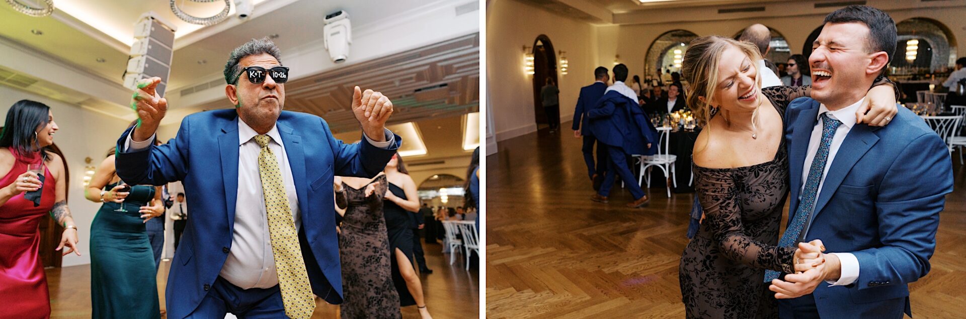 Guests dancing energetically in the lively Tilling House wedding reception hall, with a man in sunglasses on the left and a couple sharing a laugh while dancing on the right.