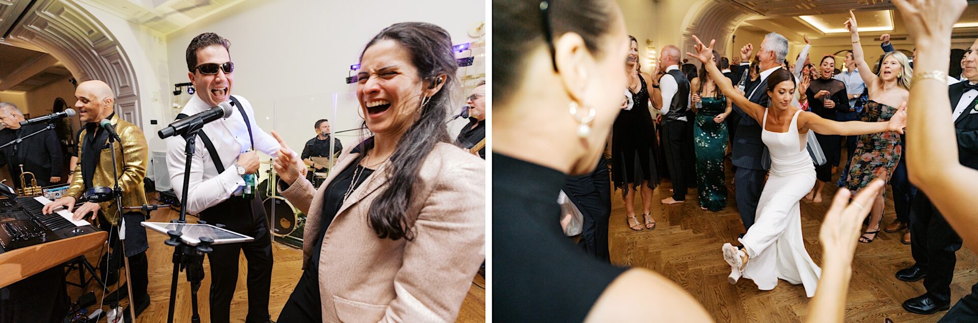 Left: A band performs with a woman smiling on stage. Right: At The Tilling House wedding, a bride dances joyfully in a crowded ballroom.