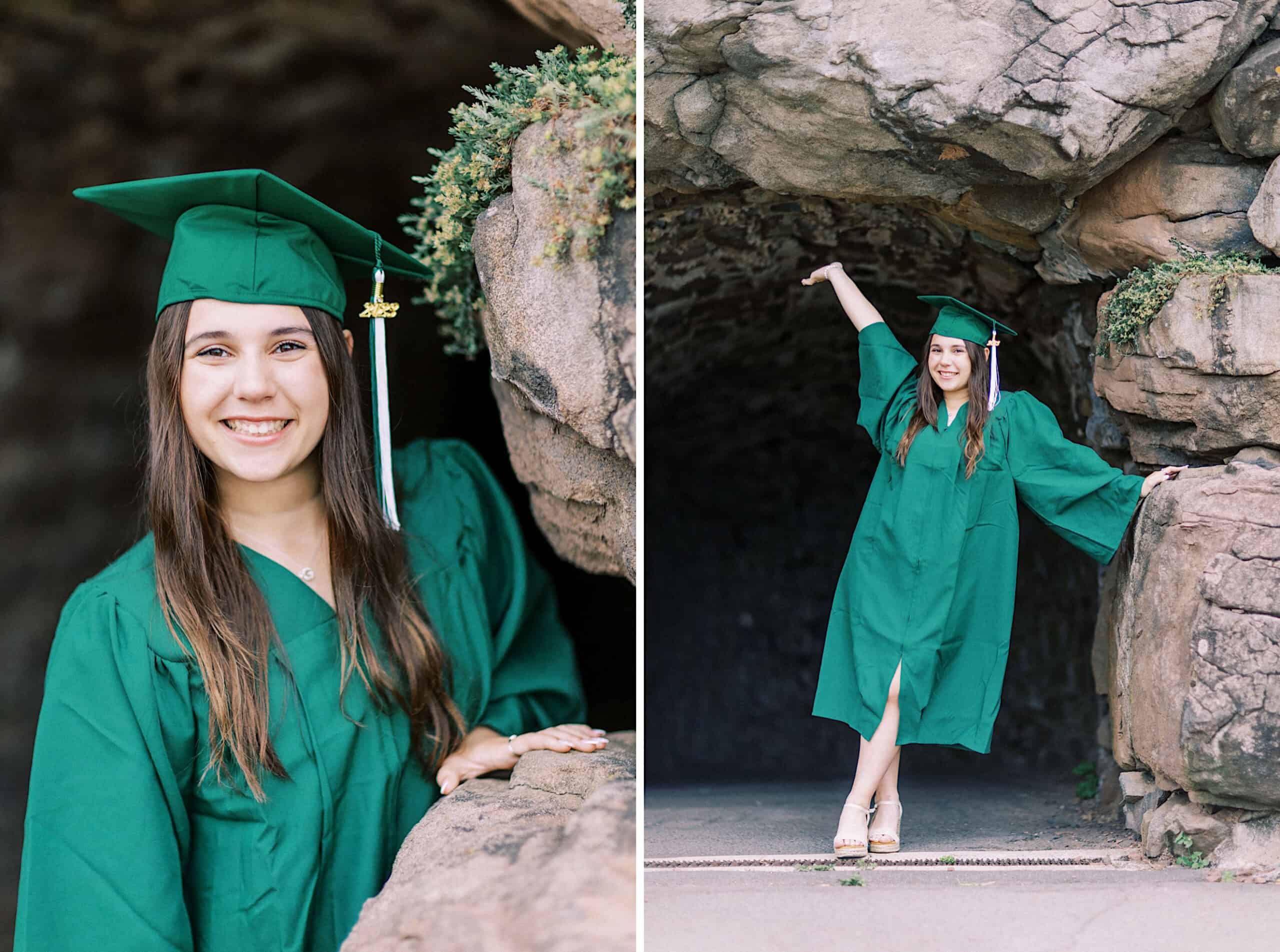 A young woman in a green graduation gown and cap poses and smiles near the entrance of a rocky cave during her Senior Portrait Session in Montgomery County.