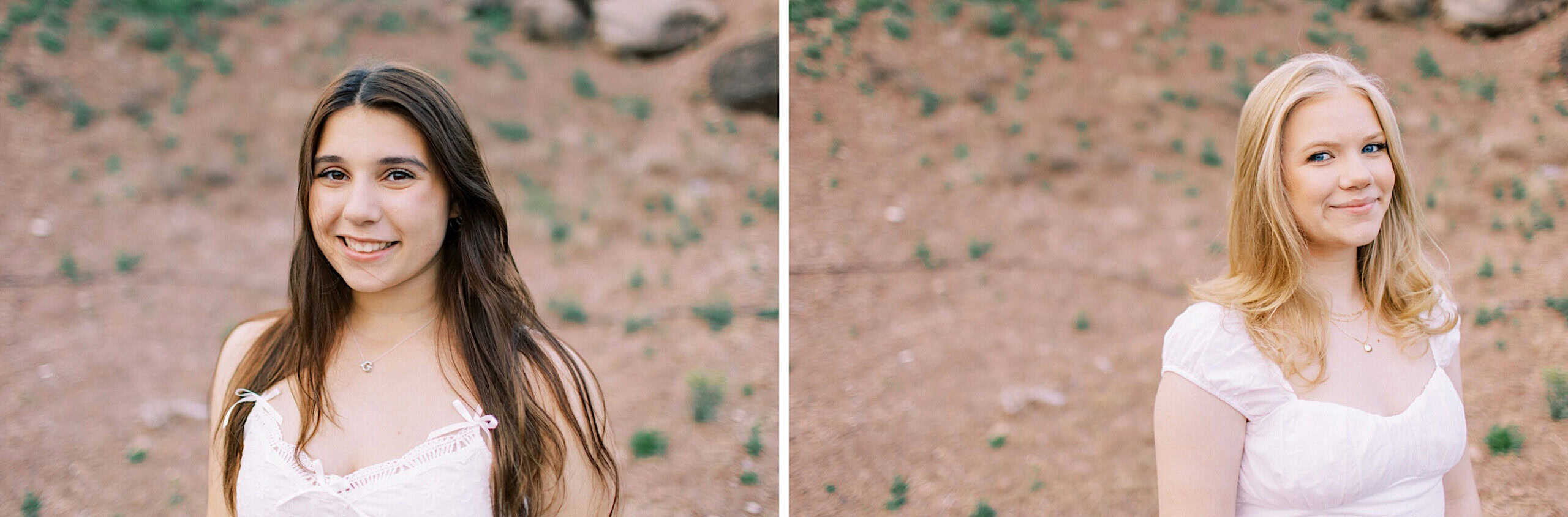 Side-by-side portraits of two young women outdoors during a Senior Portrait Session in Montgomery County, both wearing white tops and standing against a blurred natural background.