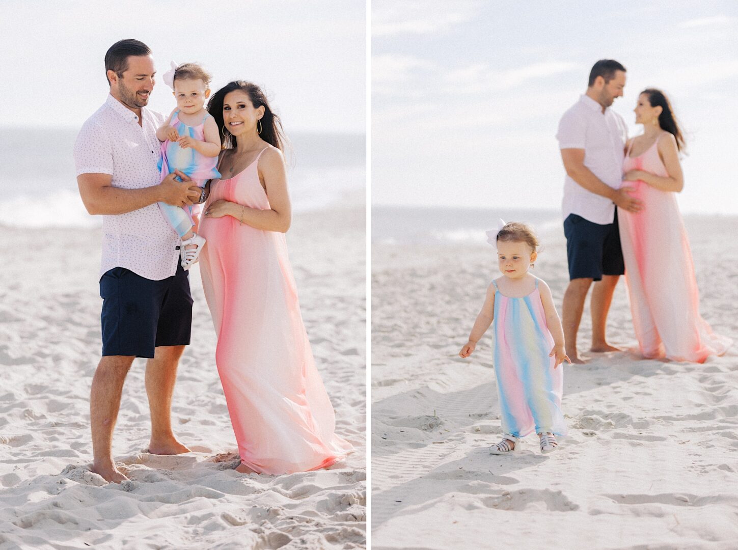 A man, woman, and young child stand together on a sandy beach. In the second image, the child walks ahead while the adults stand in the background.