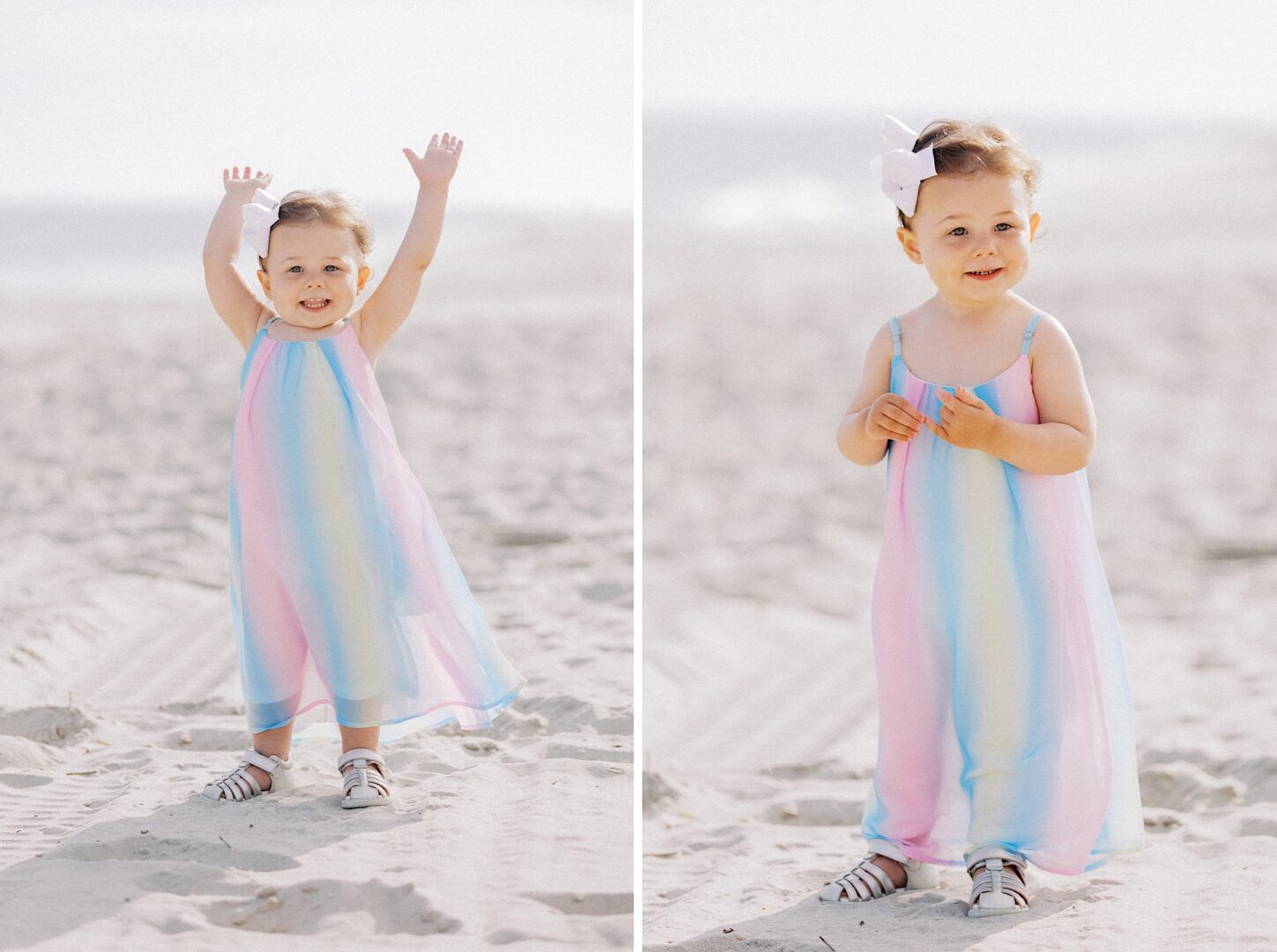 A young child in a pastel-striped dress and sandals stands on a sandy beach, with arms raised in one photo and hands together in the other.