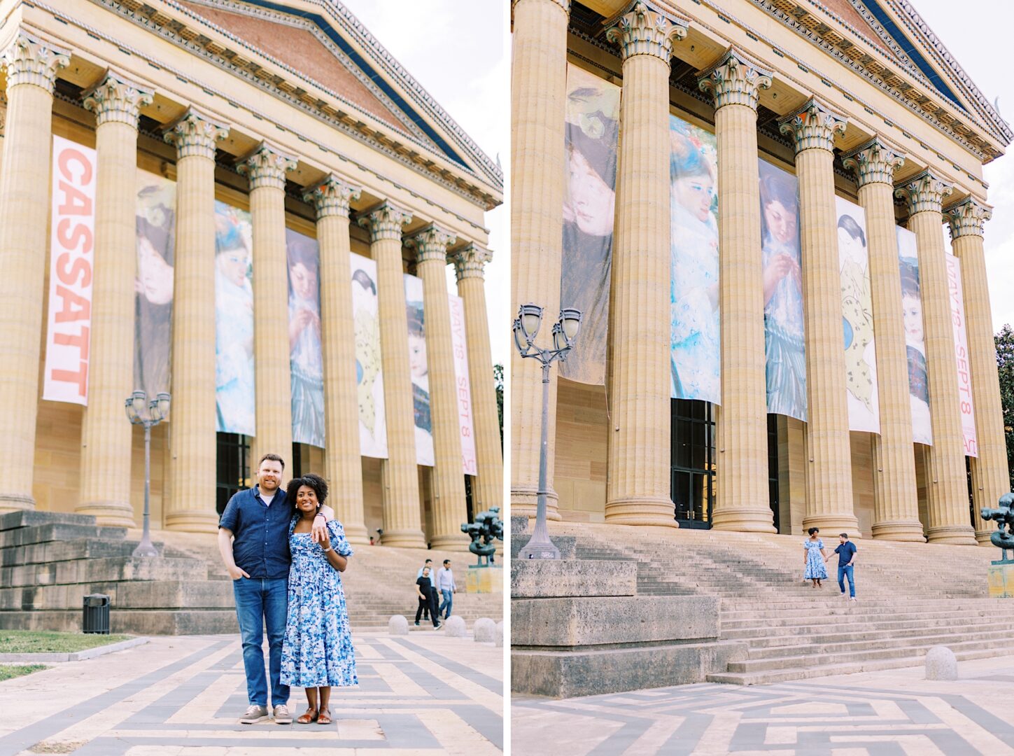 A couple stands smiling in front of a neoclassical building with large columns and banners featuring portraits and the word "CASSATT.