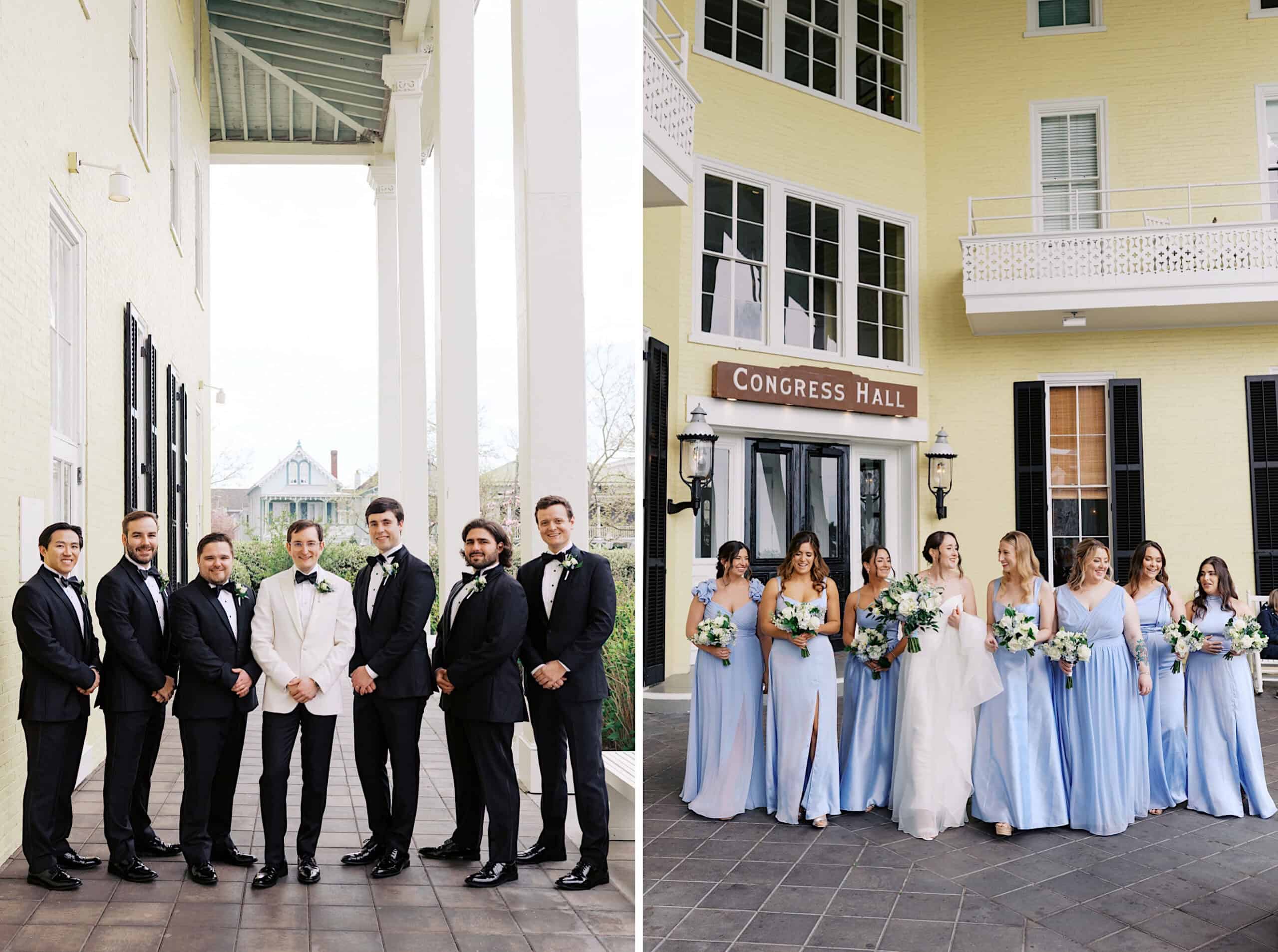 Split image: On the left, a groom in a white tuxedo stands with groomsmen in black suits; on the right, bridesmaids in light blue dresses pose with bouquets outside Congress Hall, a stunning New Jersey Beach Wedding Venue.