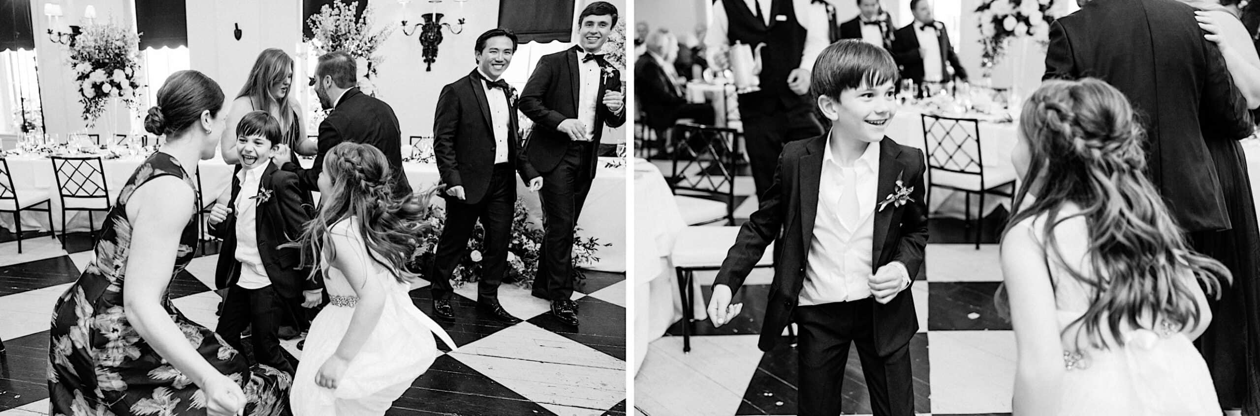 Two black-and-white photos show children and adults dressed formally, dancing and smiling together at an indoor event—reminiscent of celebrations at a New Jersey Beach Wedding Venue, with decorated tables in the background.