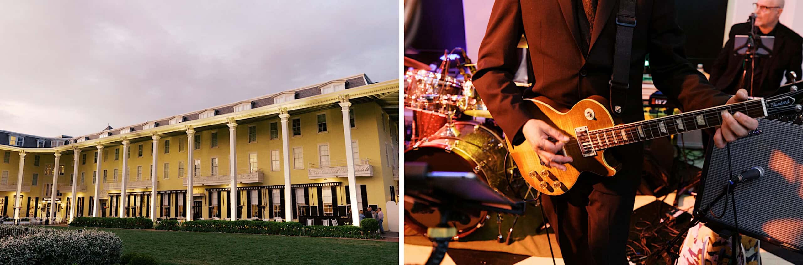 Left: Exterior of a large yellow building with columns at dusk, perfect as a New Jersey Beach Wedding Venue. Right: Close-up of a musician playing an electric guitar on stage with drums in the background.