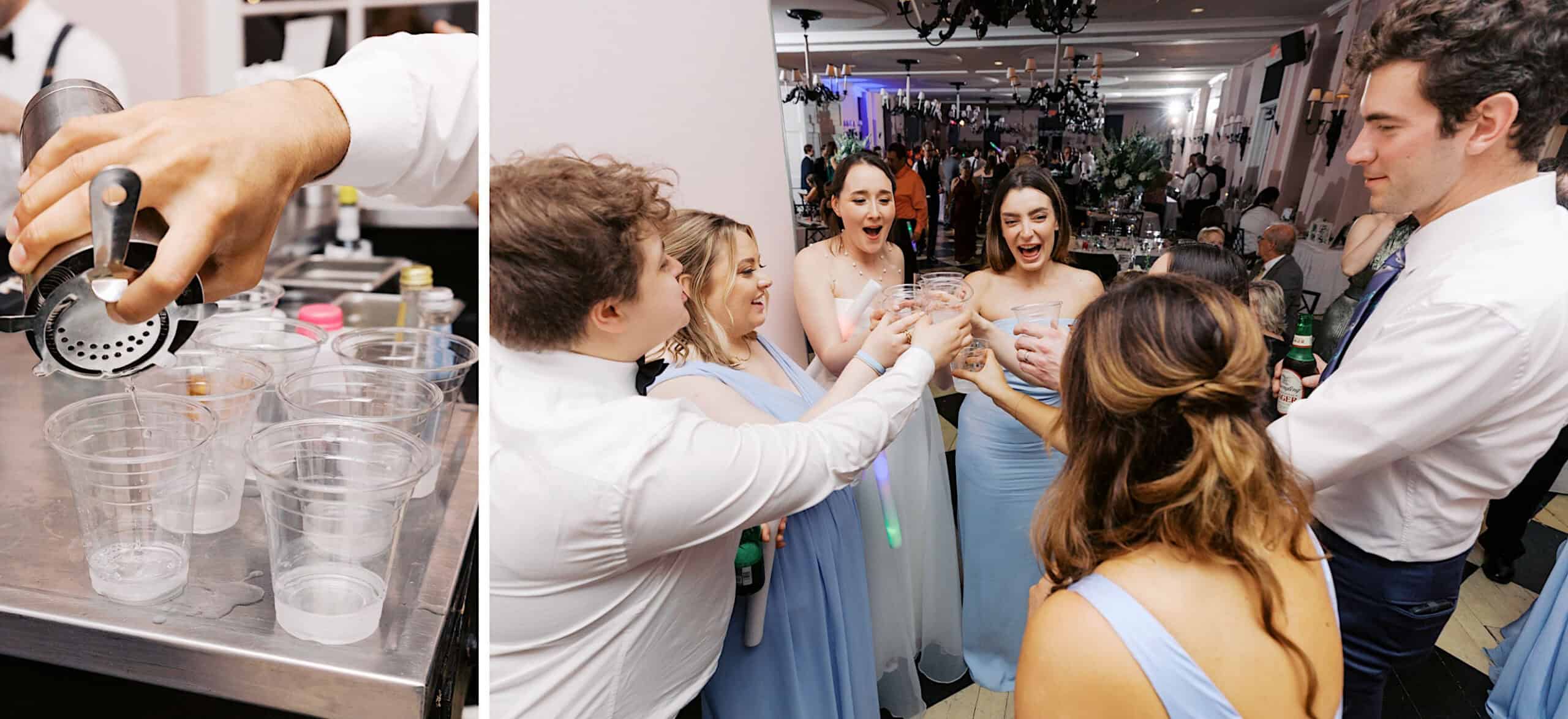 A bartender pours drinks into plastic cups; nearby, a group of people dressed for a formal event raise their drinks in a toast at this lively indoor gathering at a sought-after New Jersey Beach Wedding Venue.