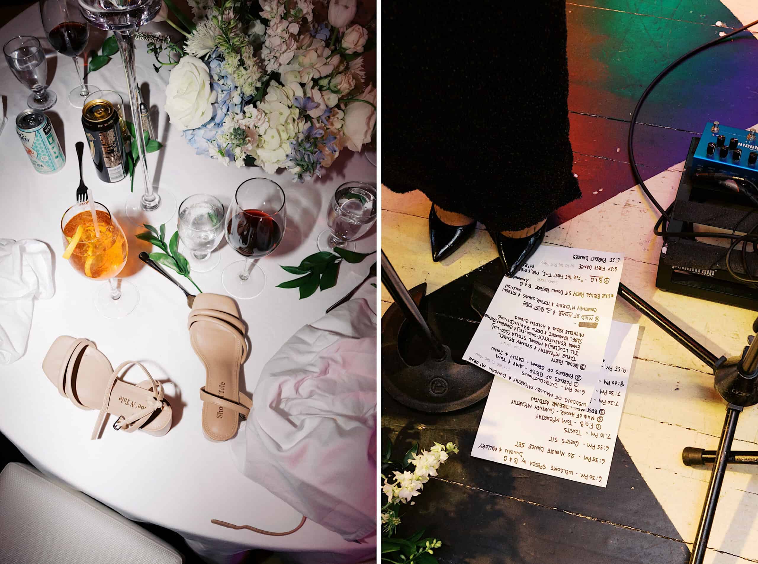 A table with drinks, flowers, and shoes on the left; on the right, a person stands by a microphone with a setlist on the floor and stage equipment nearby at a New Jersey Beach Wedding Venue.