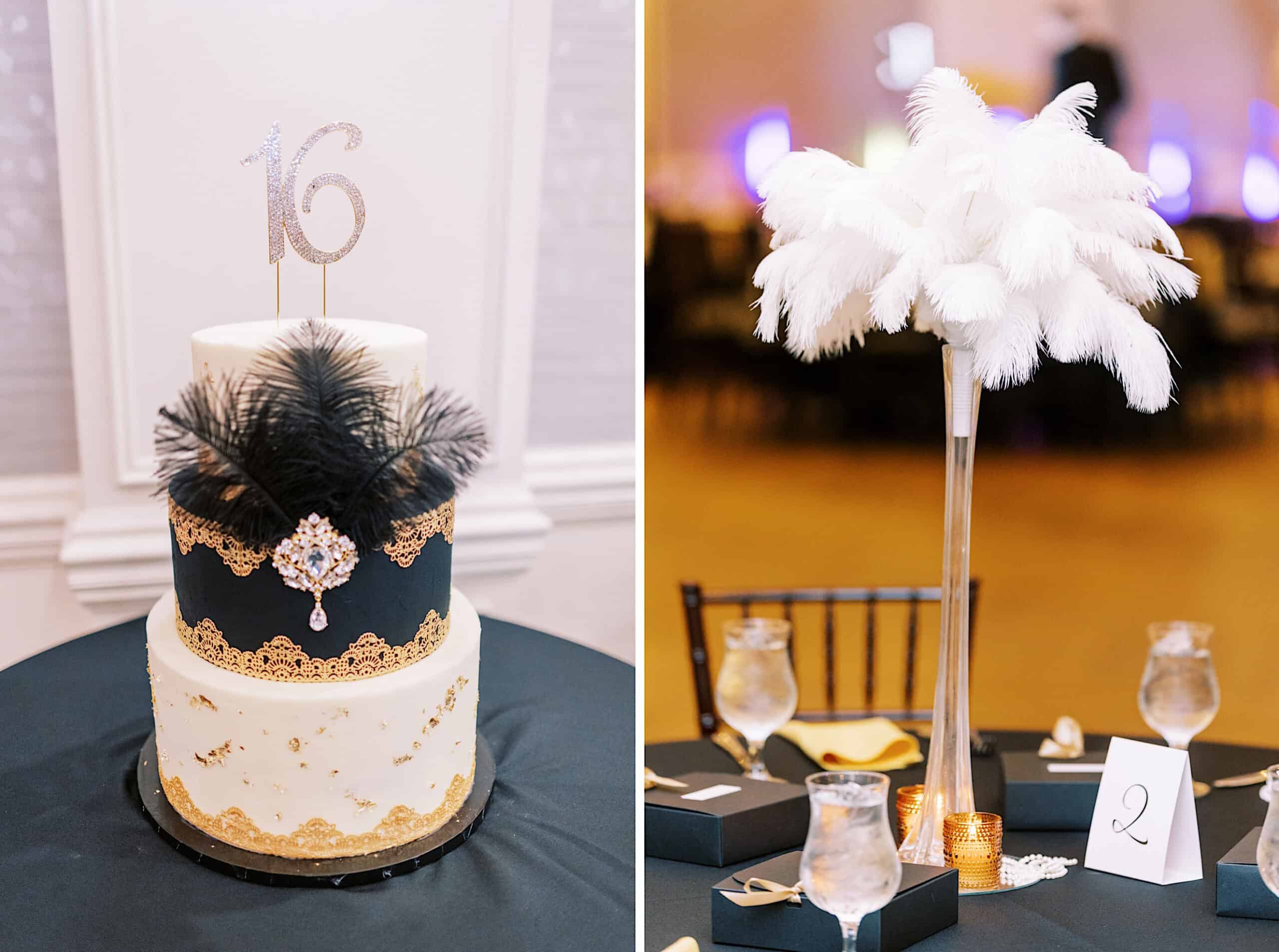 A two-tiered black and white cake with gold accents and black feathers, perfect for a Great Gatsby Sweet 16, sits beside a tall centerpiece with white feathers on a banquet table.