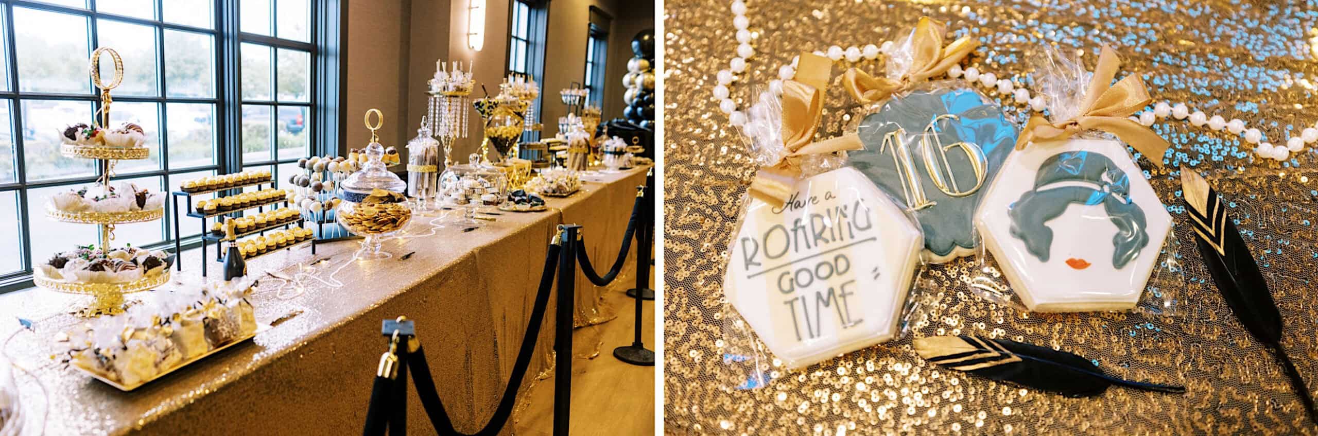 A dessert table with various pastries and treats on gold stands; close-up of decorated cookies with Art Deco-themed designs for a glamorous Great Gatsby Sweet 16, set atop a sparkling gold sequin tablecloth.