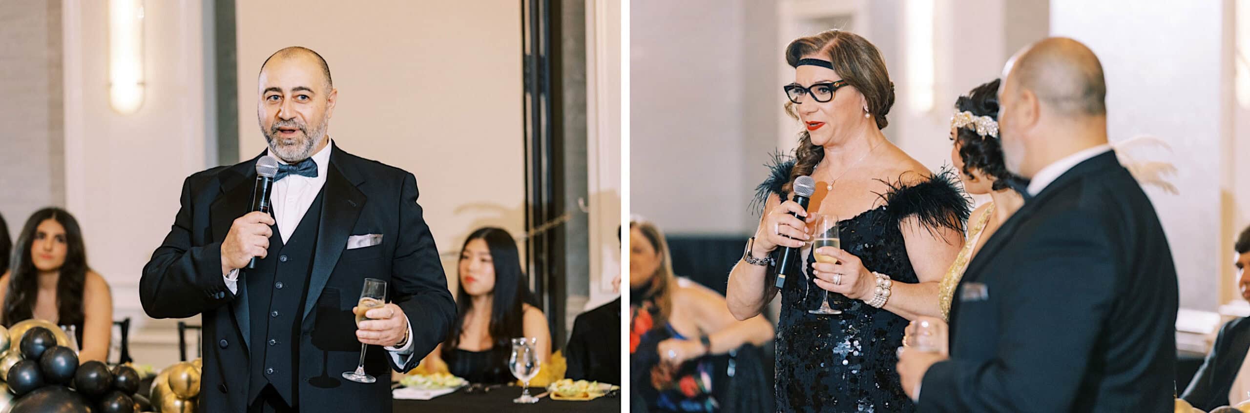 Two people in formal attire are giving speeches at a Great Gatsby Sweet 16 indoor event, each holding a microphone and a drink, with seated guests visible in the background.