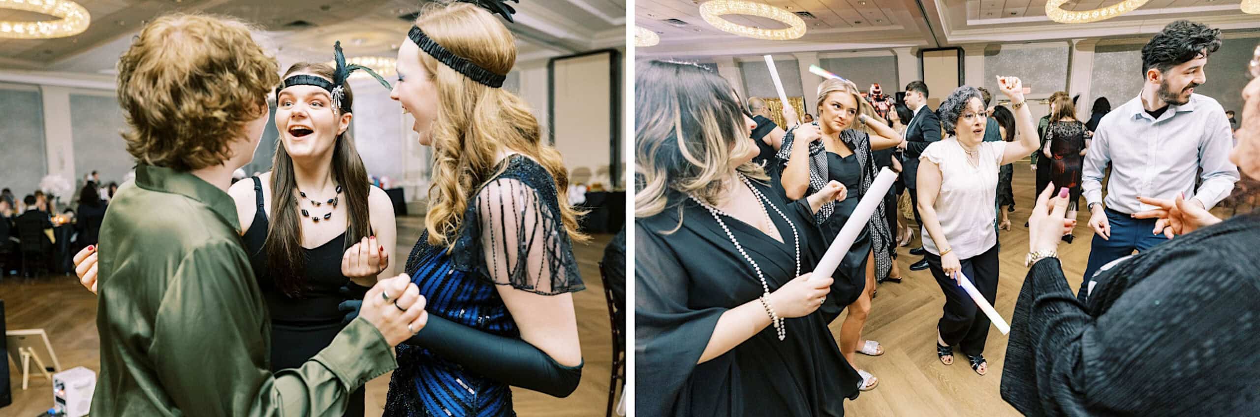 Guests in formal attire dance and socialize at a Great Gatsby Sweet 16 indoor event, with some holding white glow sticks.
