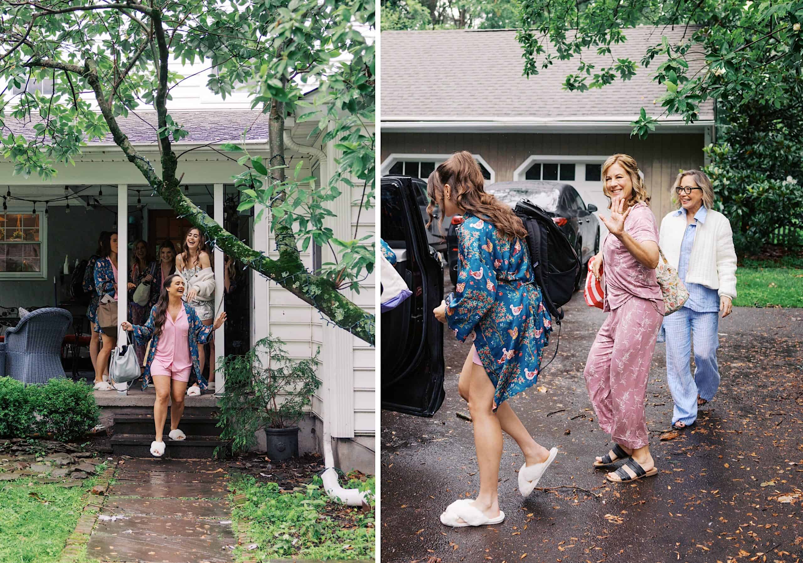 Two photos: On the left, four women exit a house onto a porch before the Wedding at Aldie Mansion; on the right, three women smile as they load bags into a car in the driveway.