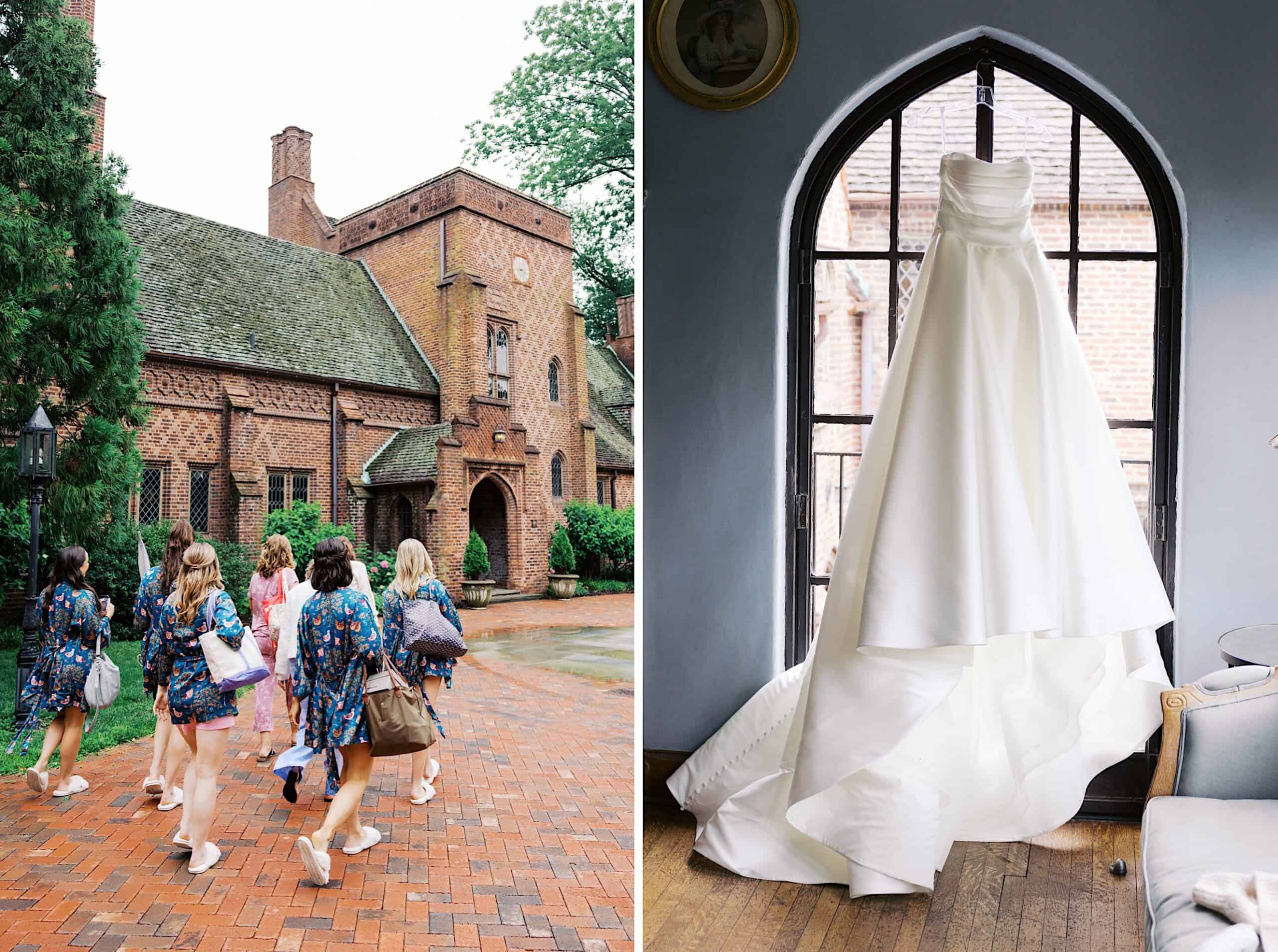 A group of women in matching floral robes walk toward a brick building at a Wedding at Aldie Mansion; next to it, a white wedding dress hangs in front of a tall arched window.