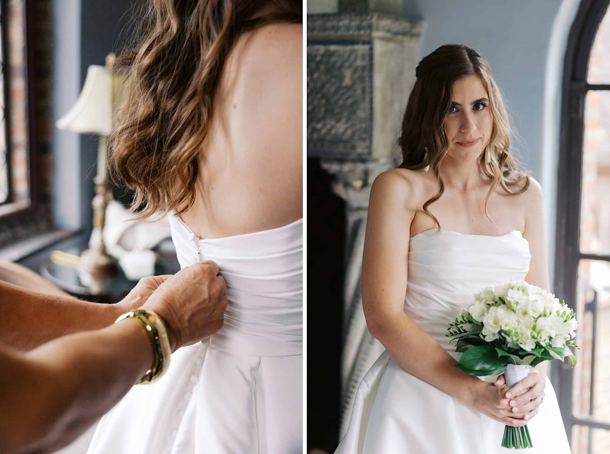 A bride in a white strapless gown holds a bouquet of white flowers at her wedding at Aldie Mansion; in one photo, someone fastens the back of her dress.