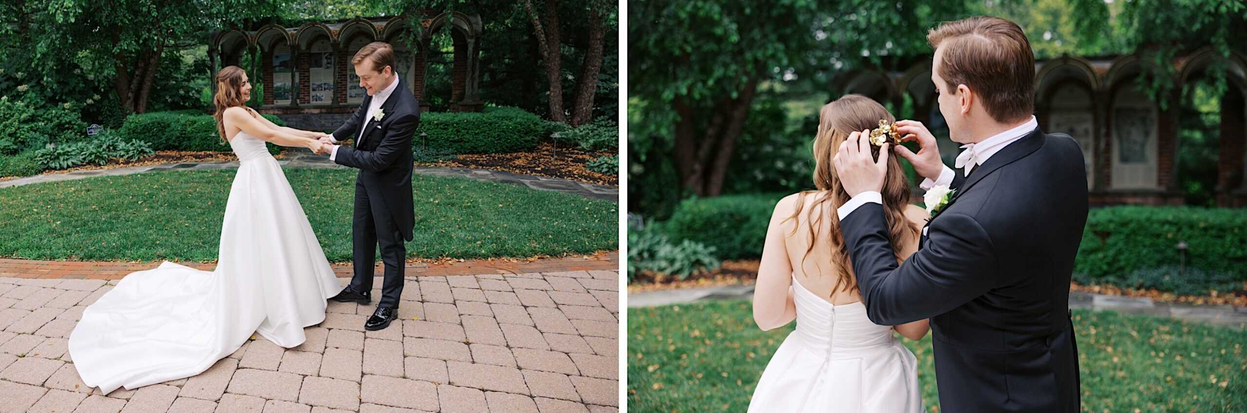 A bride and groom stand outside during their Wedding at Aldie Mansion; in one image, they face each other and hold hands, while in the other, the groom gently places a flower in the bride’s hair.