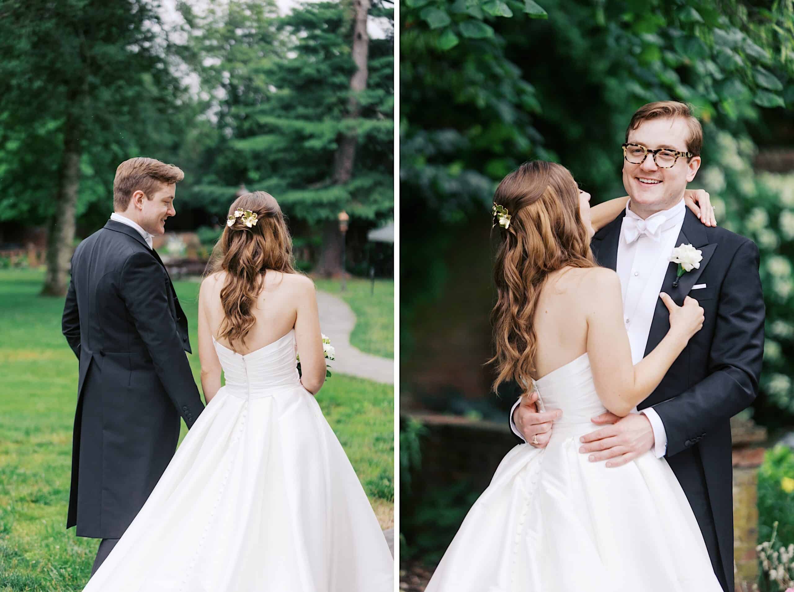 A bride and groom stand together outdoors at their Wedding at Aldie Mansion; in one image they face away, in the other they smile at each other under trees, both in formal wedding attire.
