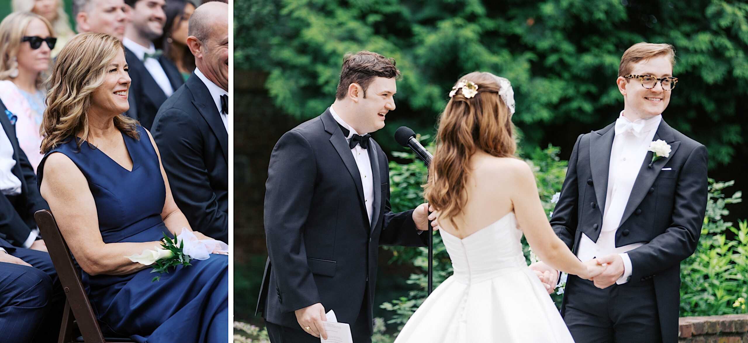 Left: A woman in a navy dress sits and smiles among seated guests. Right: A bride and groom face an officiant outdoors during their Wedding at Aldie Mansion.