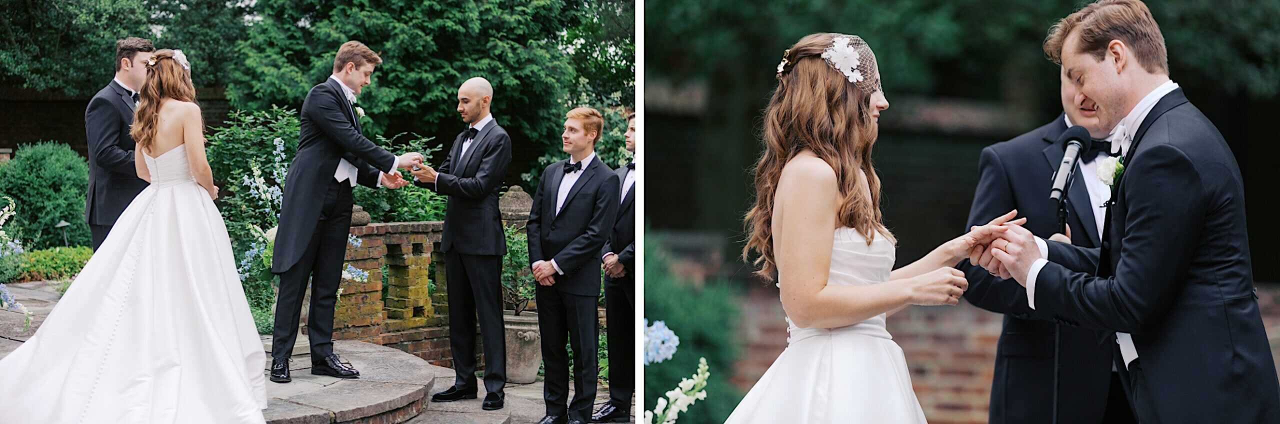 A bride and groom exchange rings during a beautiful outdoor wedding at Aldie Mansion, surrounded by groomsmen and an officiant.