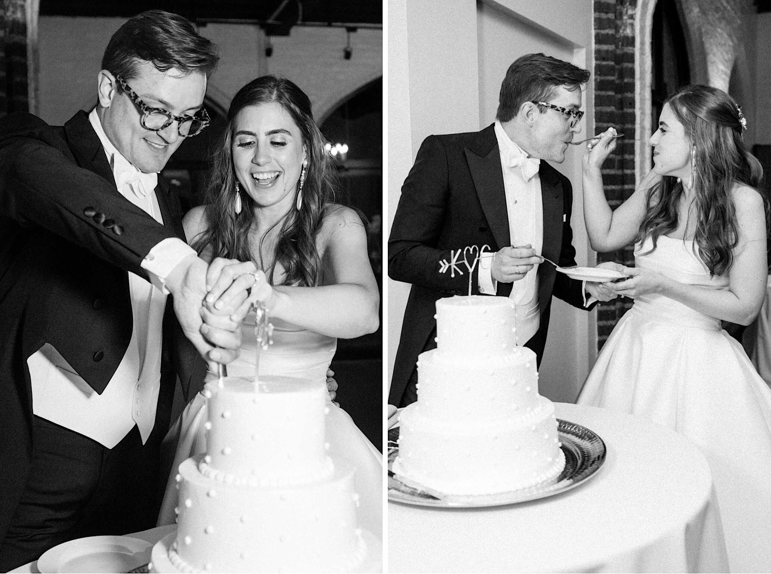 A bride and groom cut their wedding cake together in one photo and feed each other cake in the other, standing beside a tiered white cake on a table during their wedding at Aldie Mansion.