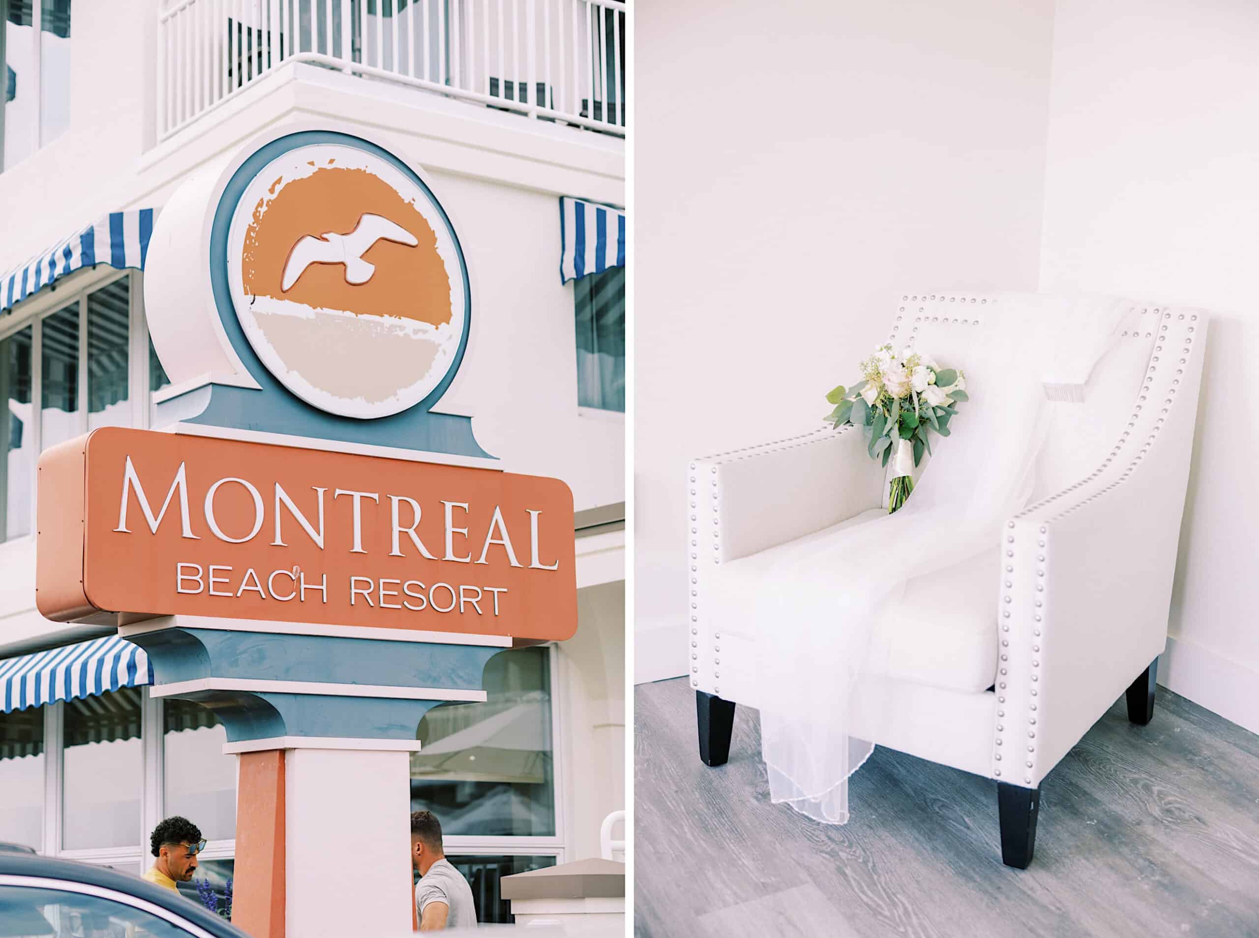 Split image: On the left, a sign for Montreal Beach Resort; on the right, a white armchair with a bouquet and veil draped over it—capturing the elegant charm of a Montreal Beach Resort Wedding.
