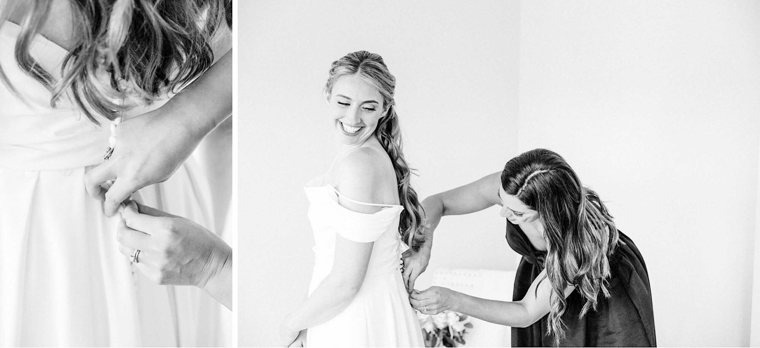 A woman helps a bride button the back of her wedding dress at a Montreal Beach Resort Wedding; a close-up shows hands fastening the buttons. Both women have long hair. The scene is bright and softly lit.