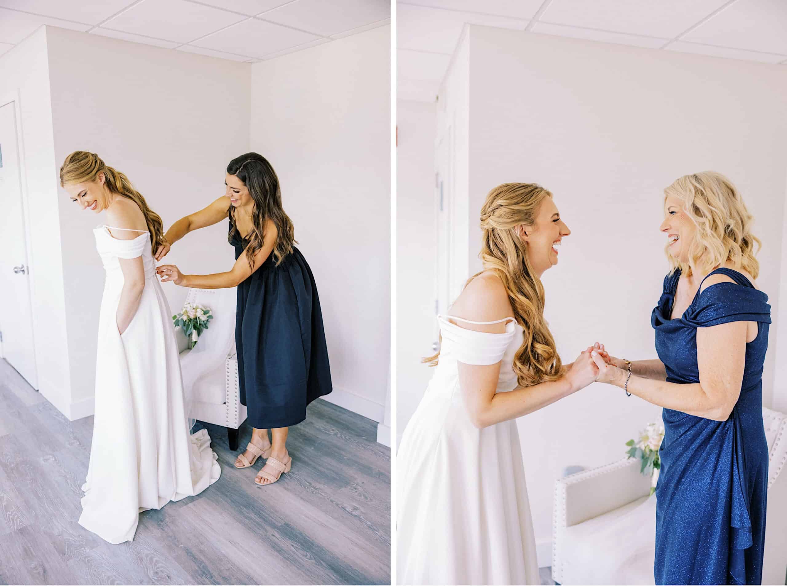 Split image: On the left, a woman helps another adjust her white dress at a Montreal Beach Resort Wedding; on the right, the bride smiles and holds hands with an older woman in a blue dress.