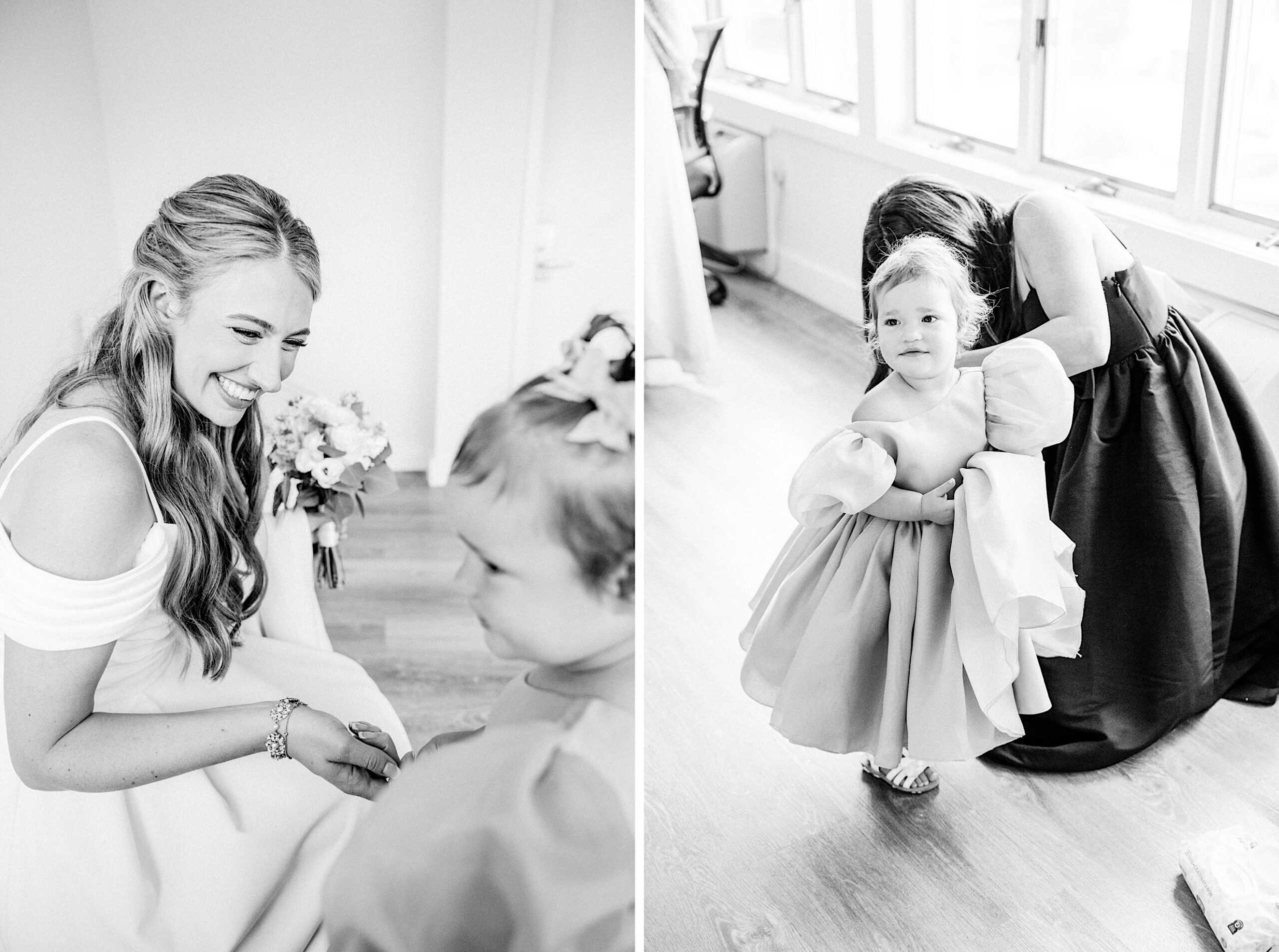 A bride smiles at a young girl in a dress; on the right, an adult helps her adjust her dress in the bright room of a Montreal Beach Resort wedding.