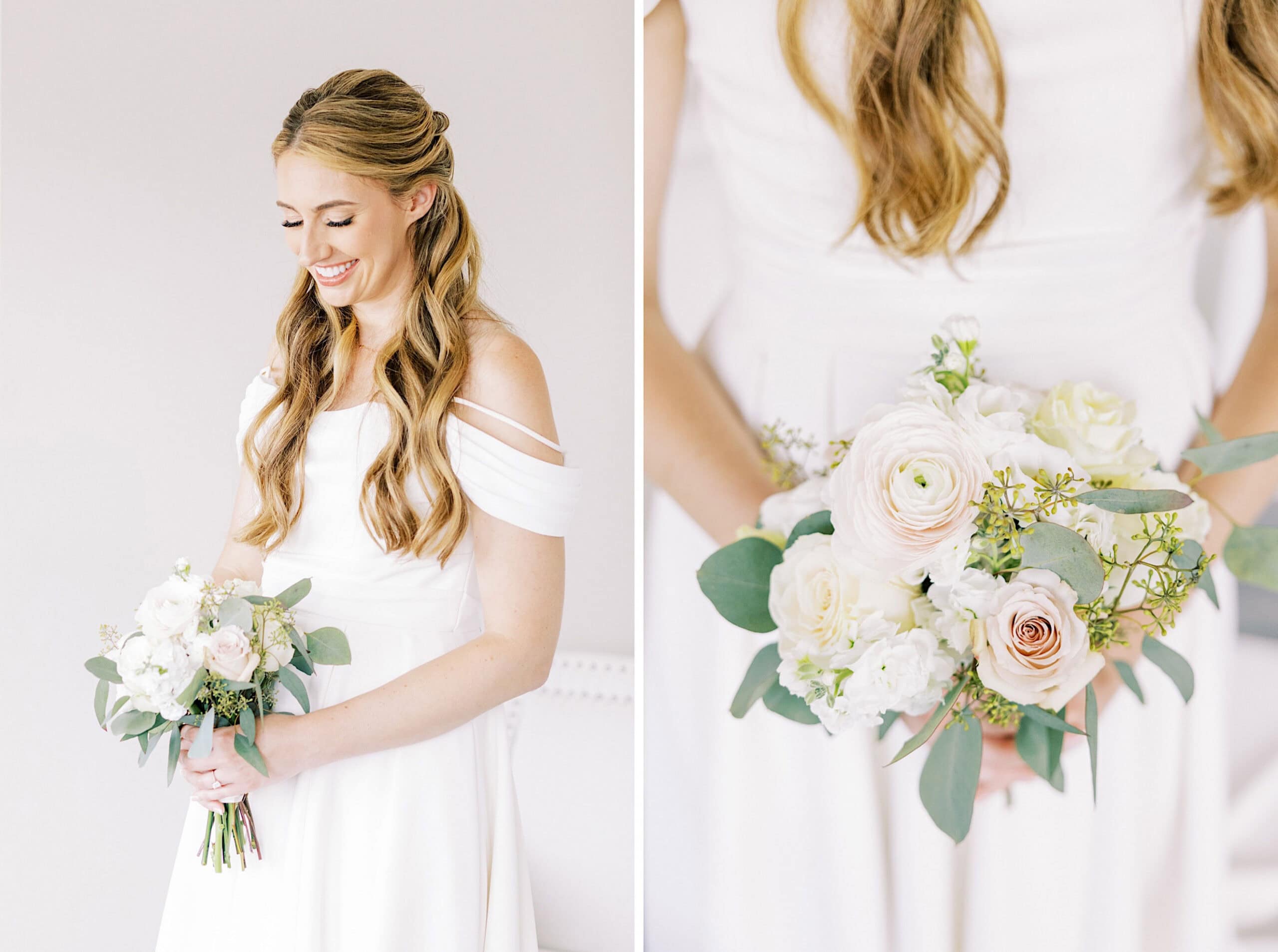 A bride in an off-the-shoulder white dress holds a bouquet of pale roses and eucalyptus; a close-up shows floral details at her Montreal Beach Resort wedding.