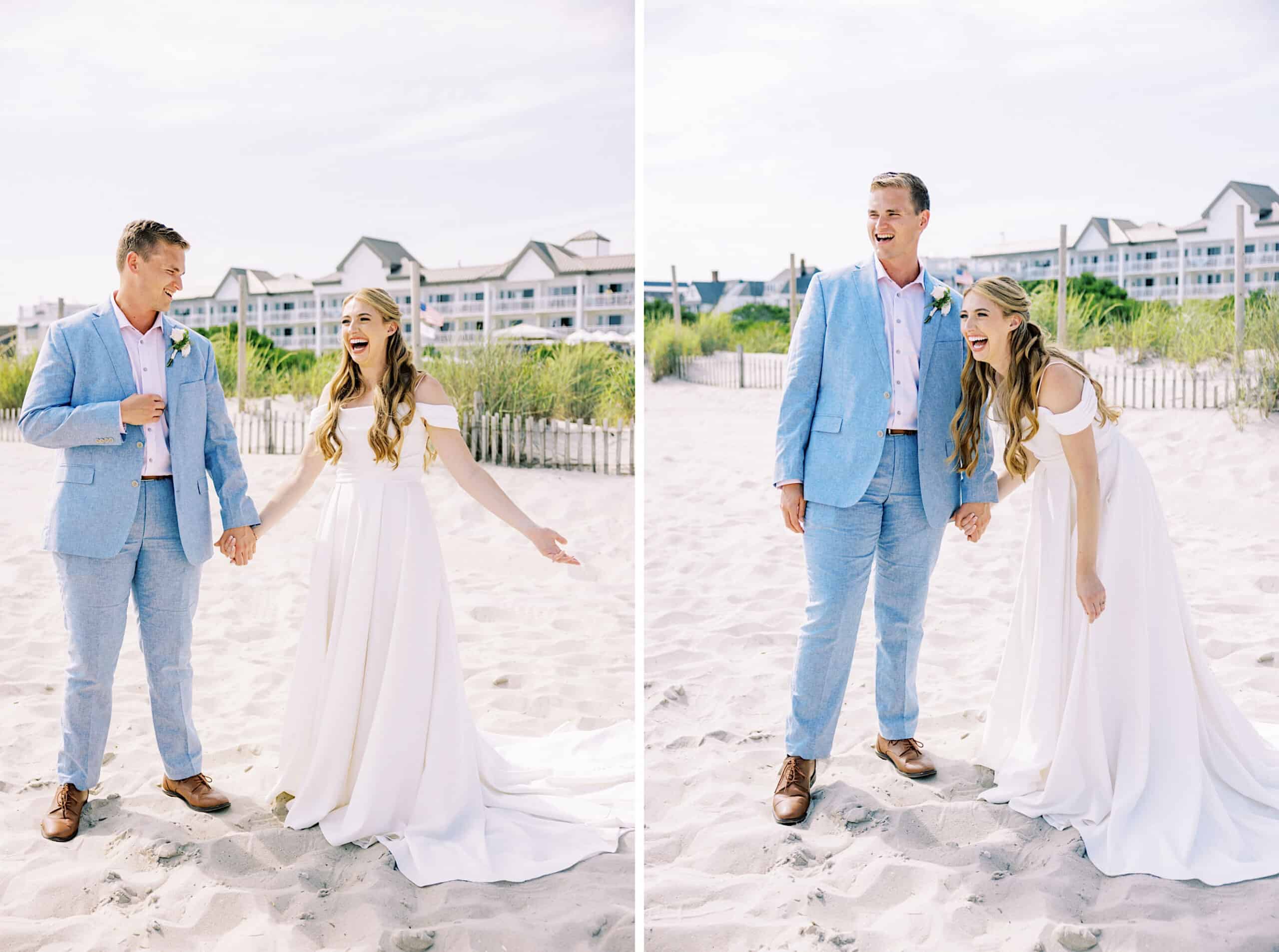 Two women in light-colored suits and a white dress stand barefoot on the sandy beach, holding hands and smiling during their Montreal Beach Resort Wedding, with buildings and greenery in the background.