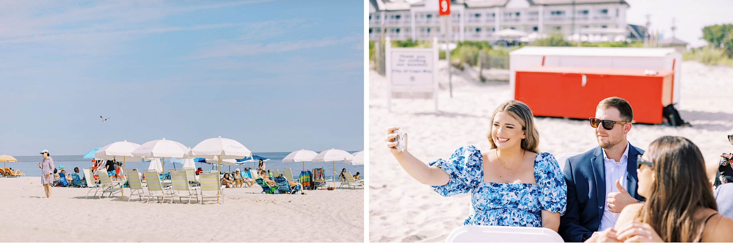 Left: Beach scene with rows of umbrellas and chairs. Right: People seated on the sand, two taking a selfie; Montreal Beach Resort Wedding signs visible amid buildings in the background.