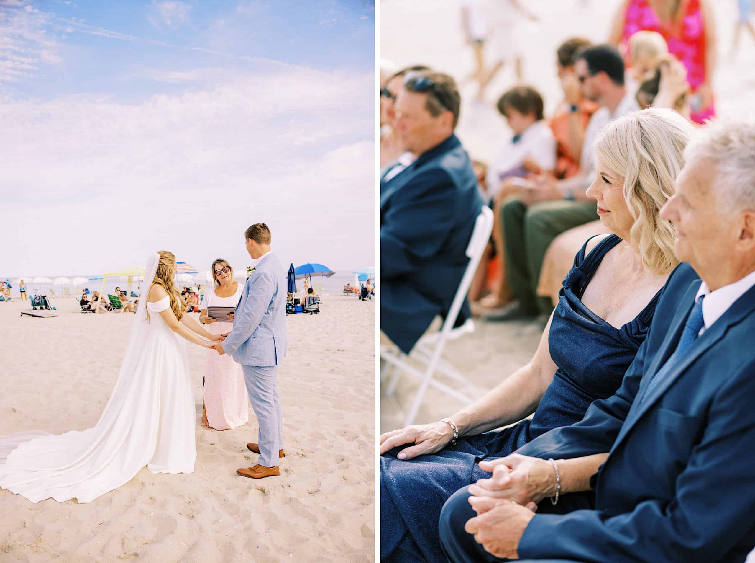 A bride and groom exchange vows on a sandy beach at their Montreal Beach Resort wedding while guests, seated nearby, watch the ceremony.