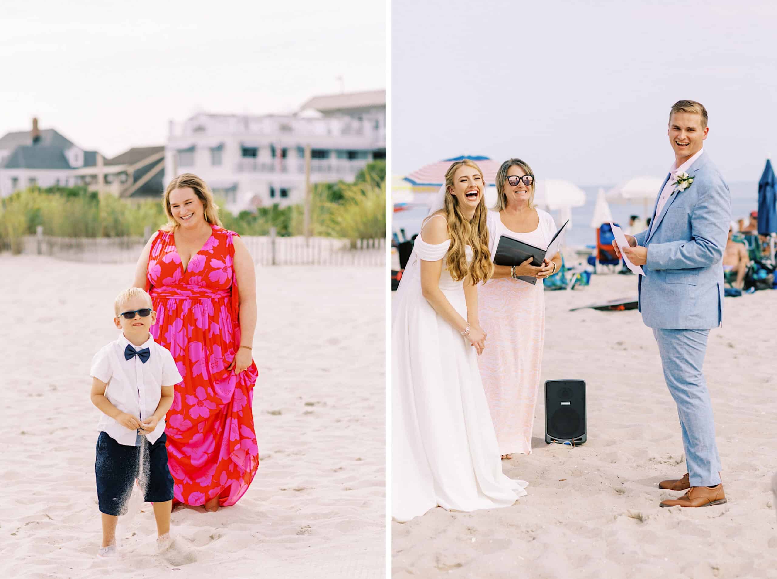 Split image of a Montreal Beach Resort Wedding; left side shows a woman in a pink dress and a boy in sunglasses, right side features the bride, groom in a blue suit, and officiant smiling during the ceremony.