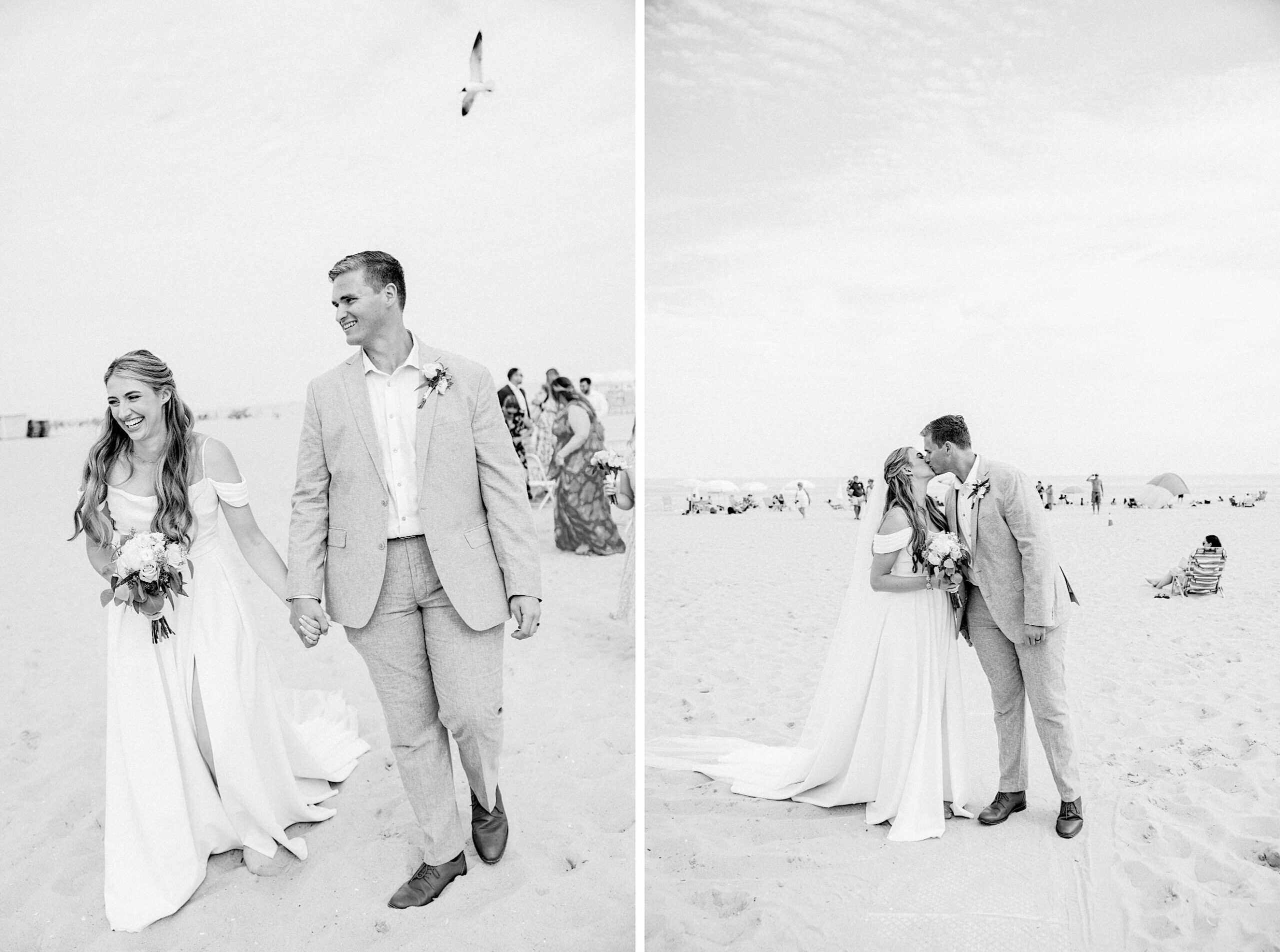 Two black and white photos capture a Montreal Beach Resort Wedding: the bride and groom hold hands, walking on the sand—sharing a kiss in one, while in the other, the bride smiles as a seagull flies overhead.