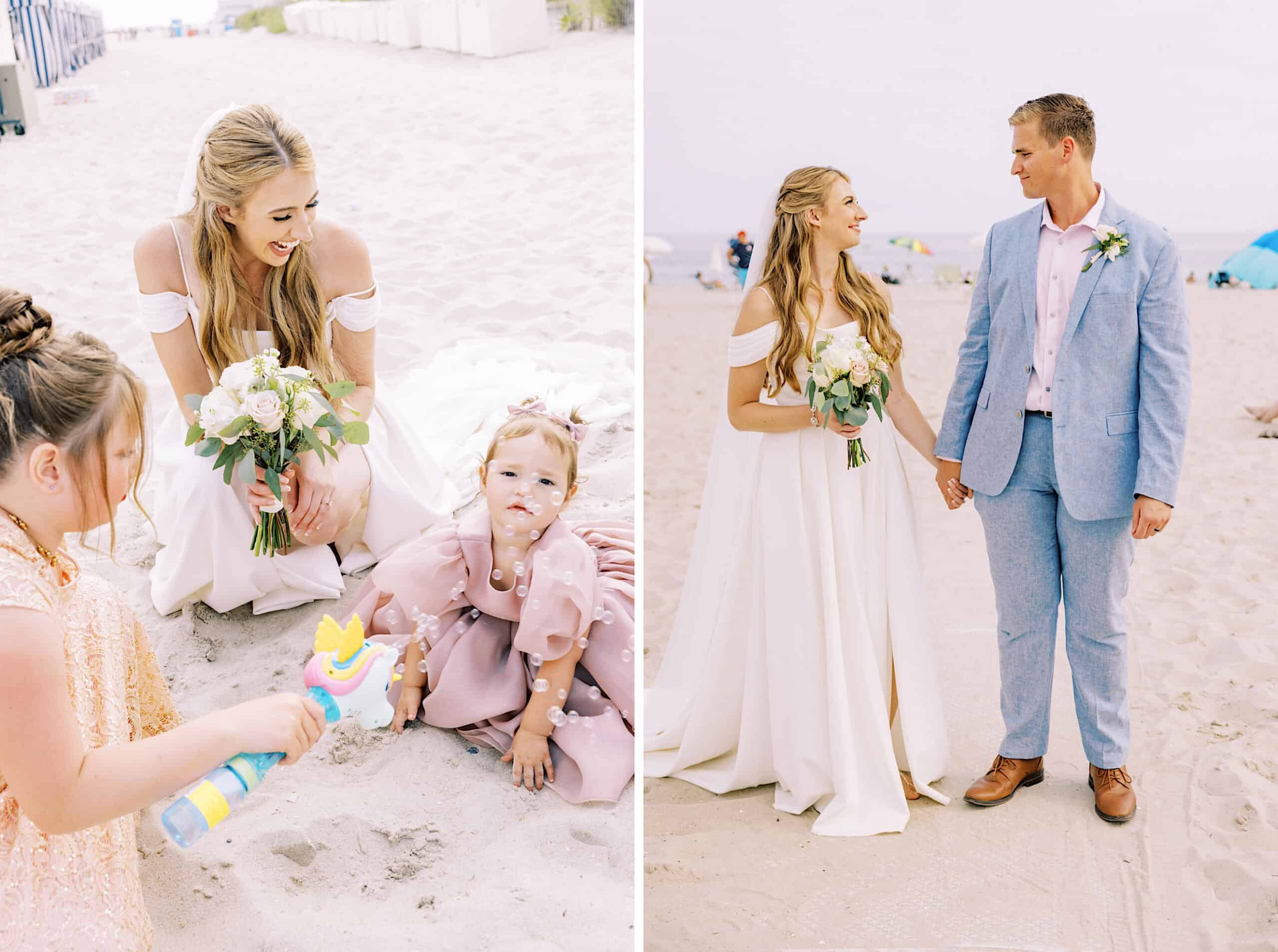 Two photos: A Montreal Beach Resort wedding— a bride in white sits on the sand as children play nearby; the bride and groom, smiling, stand hand in hand by the shore.