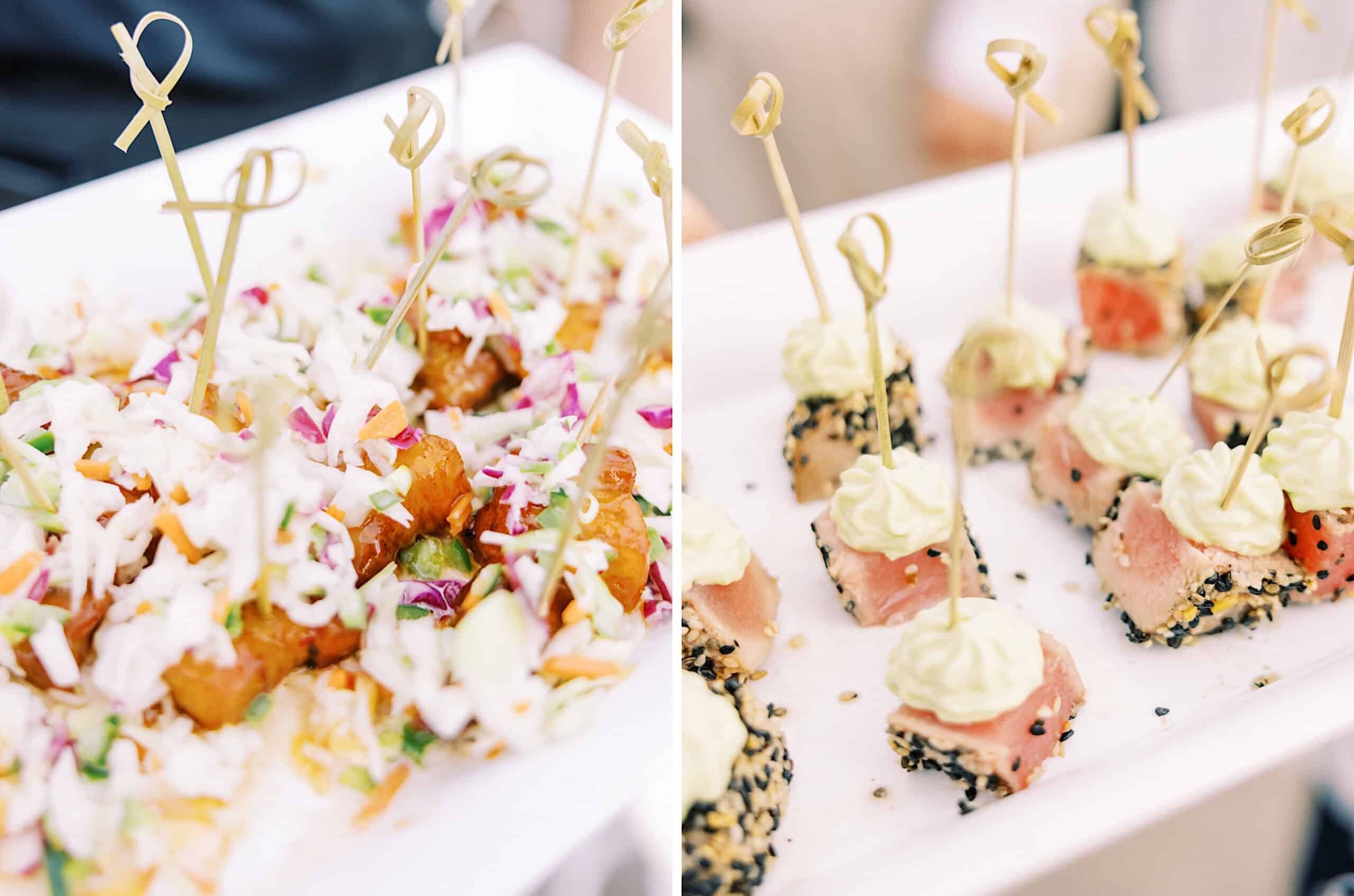Two trays of appetizers at a Montreal Beach Resort Wedding: vegetable fritters with slaw on one, seared tuna cubes topped with creamy sauce on the other, both neatly skewered for easy serving.
