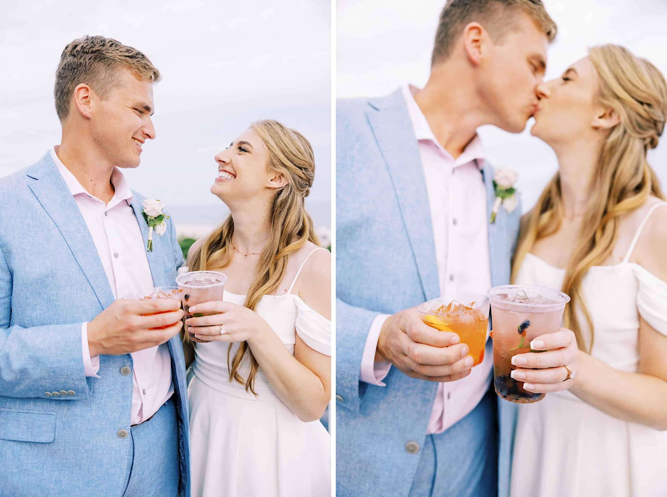 A couple at a Montreal Beach Resort Wedding, dressed in formal attire, holds cocktails and smiles at each other; in the next frame, they share a kiss while still holding their drinks.