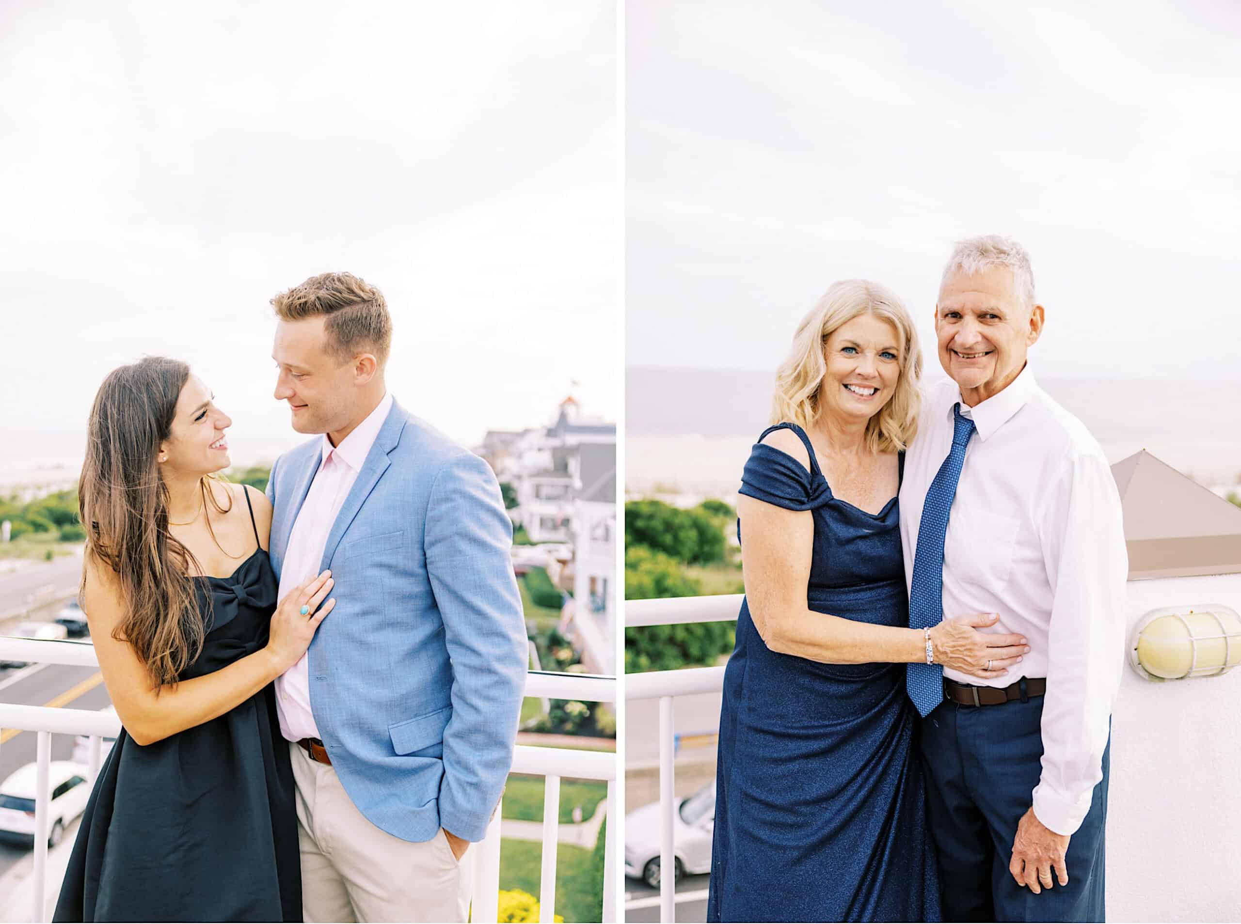 Two couples pose on a balcony overlooking the sand at a Montreal Beach Resort Wedding; both women wear navy dresses, while both men sport light-colored jackets with dress shirts and ties.