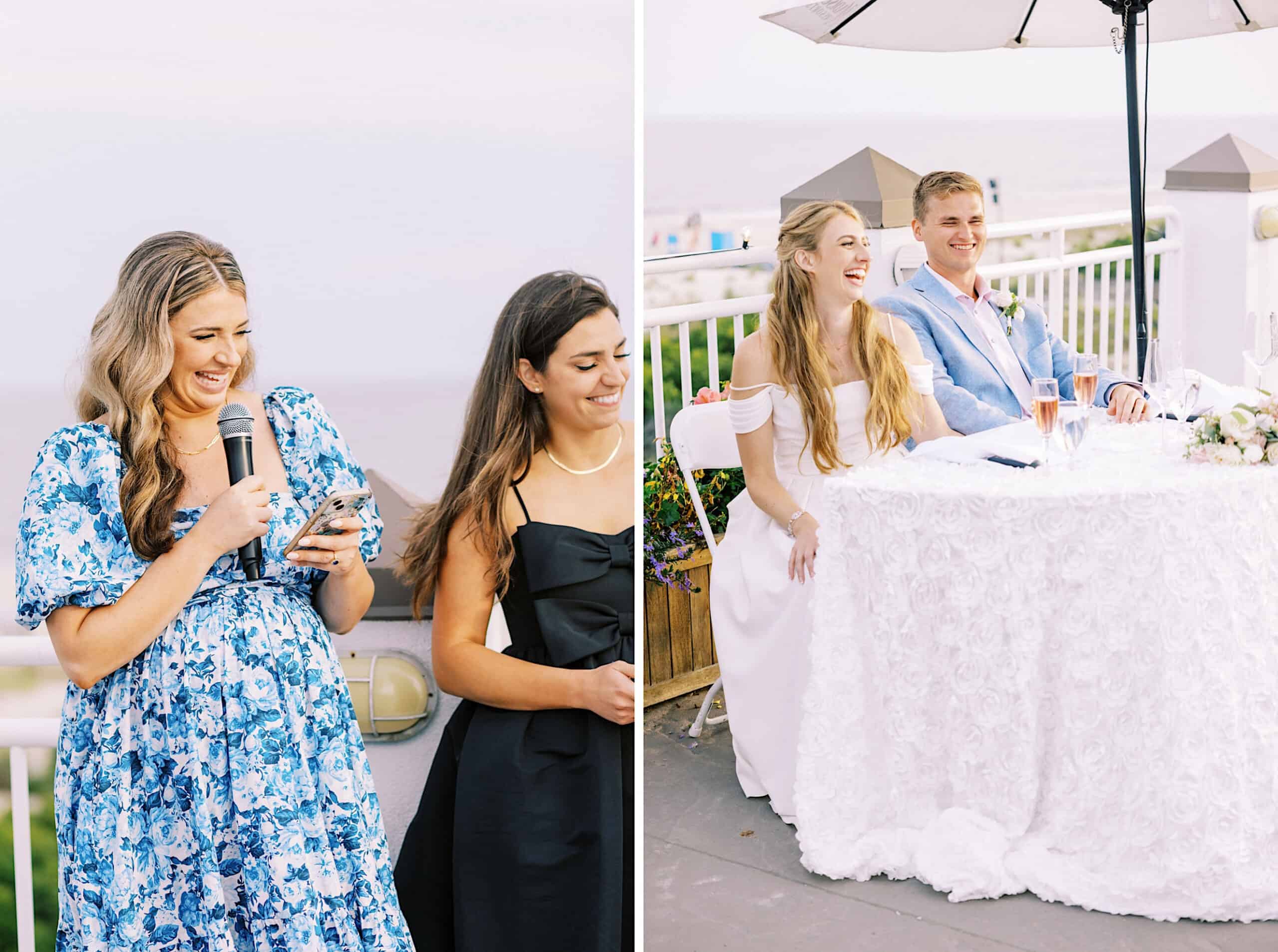 Two women give a wedding speech outdoors at a Montreal Beach Resort Wedding, while a bride and groom sit together at a decorated table, smiling and listening.