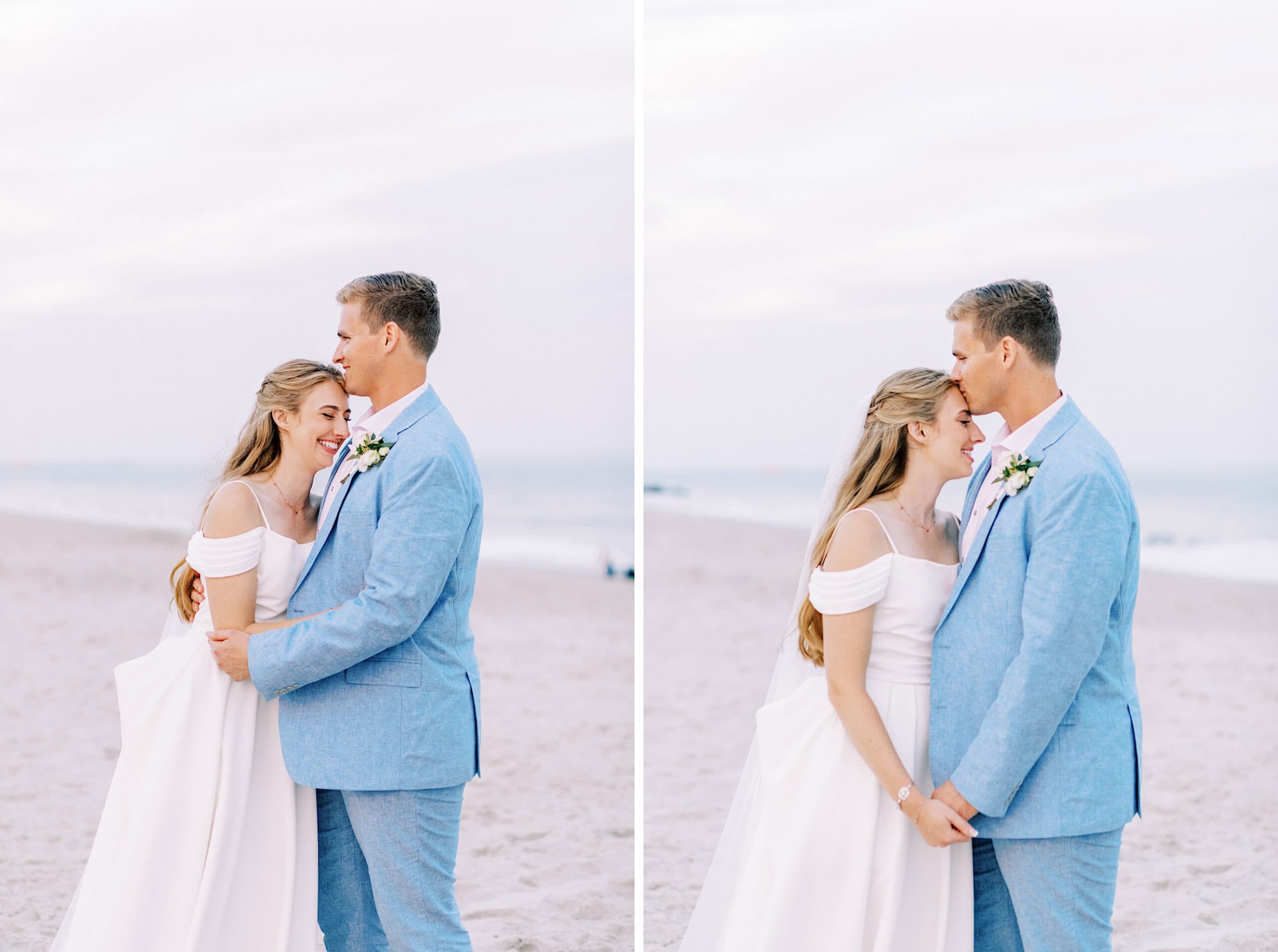 A bride and groom stand on a sandy beach at their Montreal Beach Resort wedding, embracing and smiling at each other in formal attire, with the ocean visible in the background.