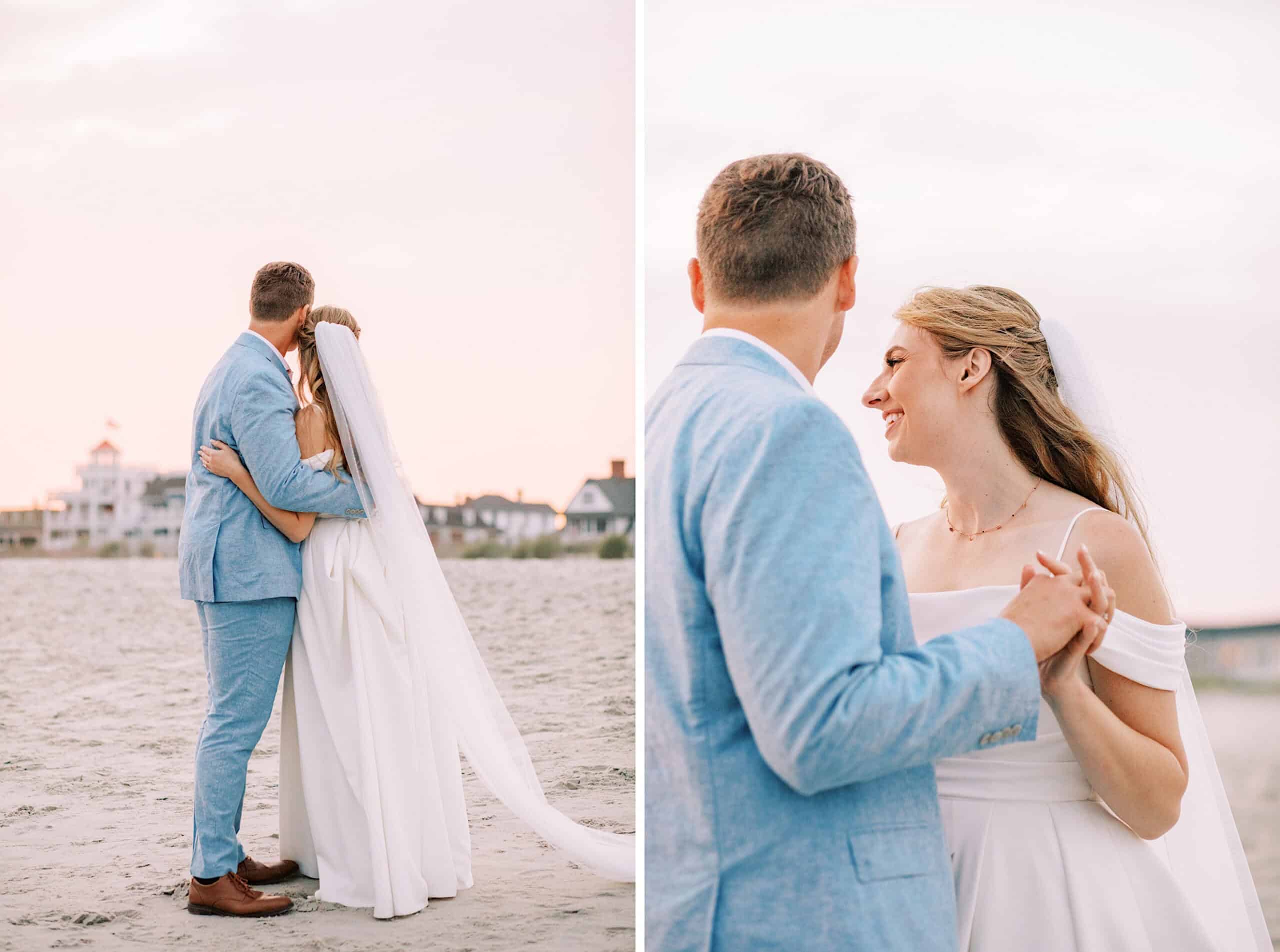 A bride and groom in light attire stand on a Montreal Beach Resort Wedding shoreline at sunset, embracing in one image and holding hands while smiling in the other.